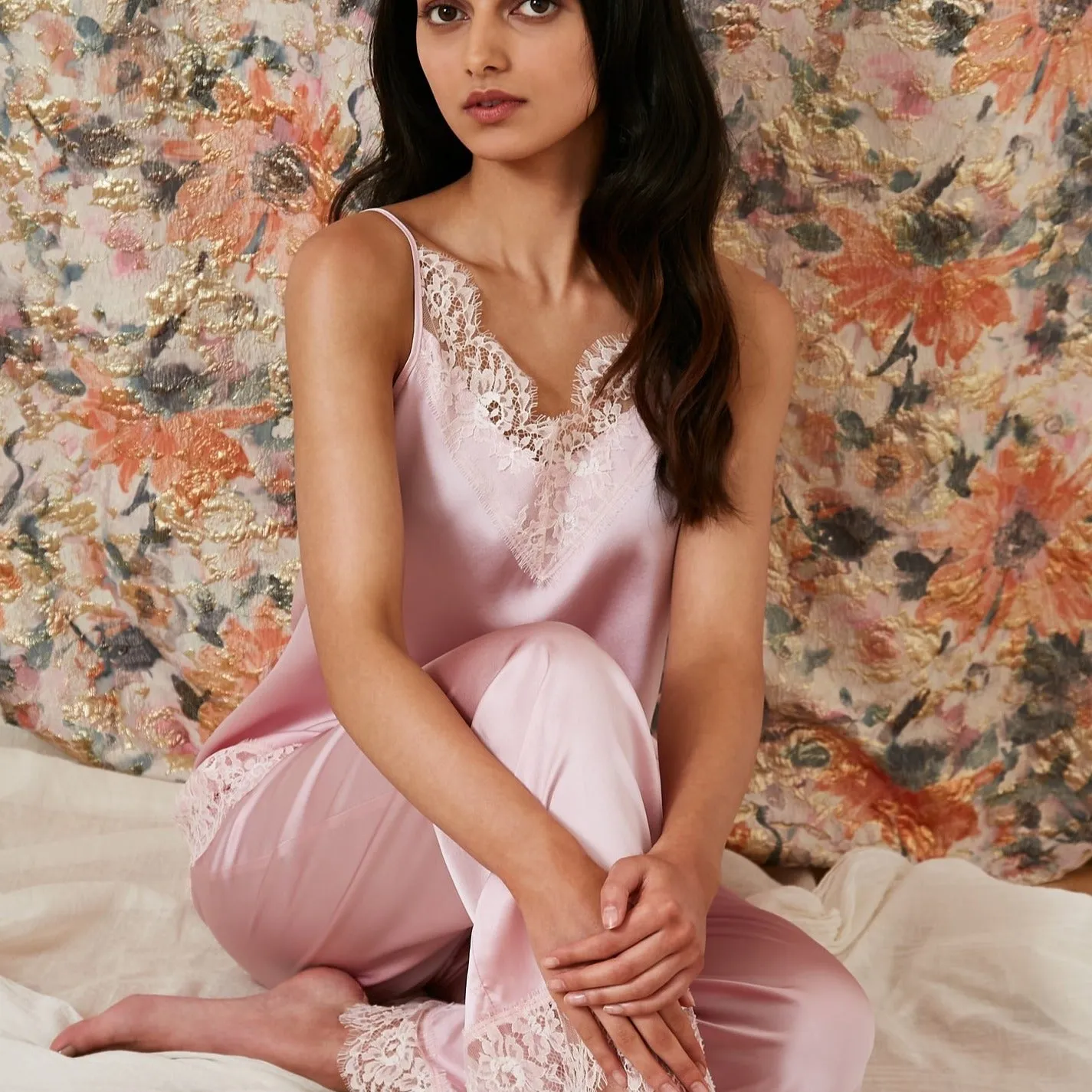 Parasol Rose Lana Silk and Lace Pyjama Trousers