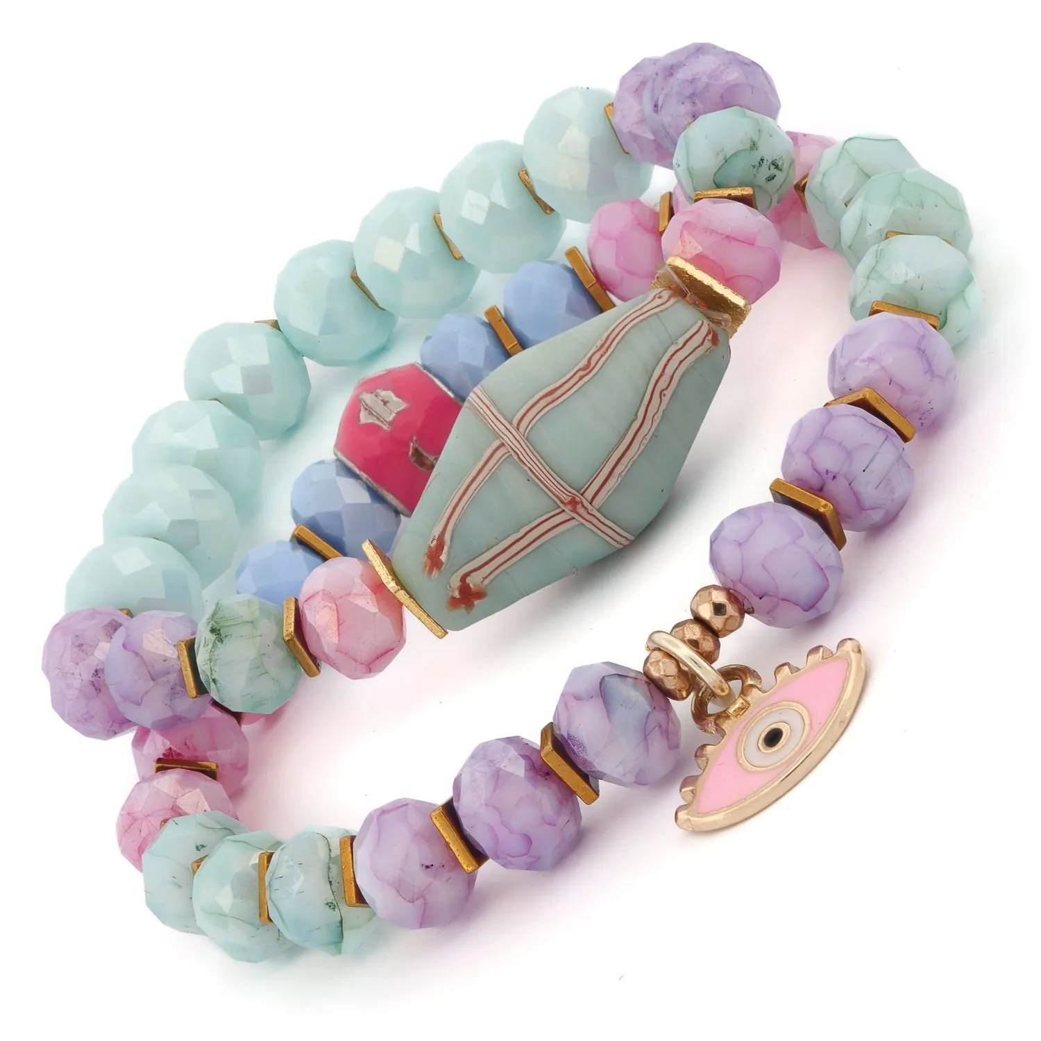 Pastel Colors Beaded Evil Eye Pendant Spring Bracelet Set