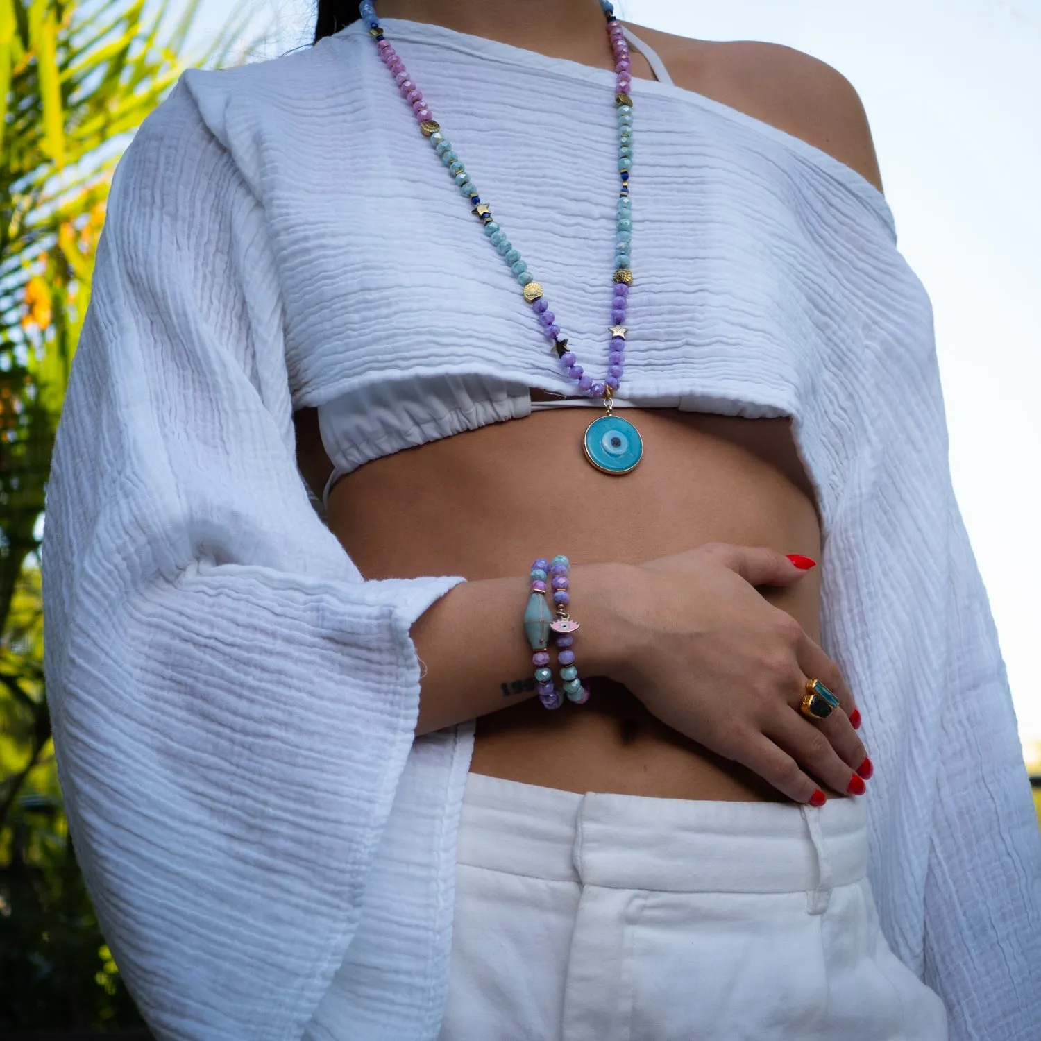 Pastel Colors Beaded Evil Eye Pendant Spring Bracelet Set
