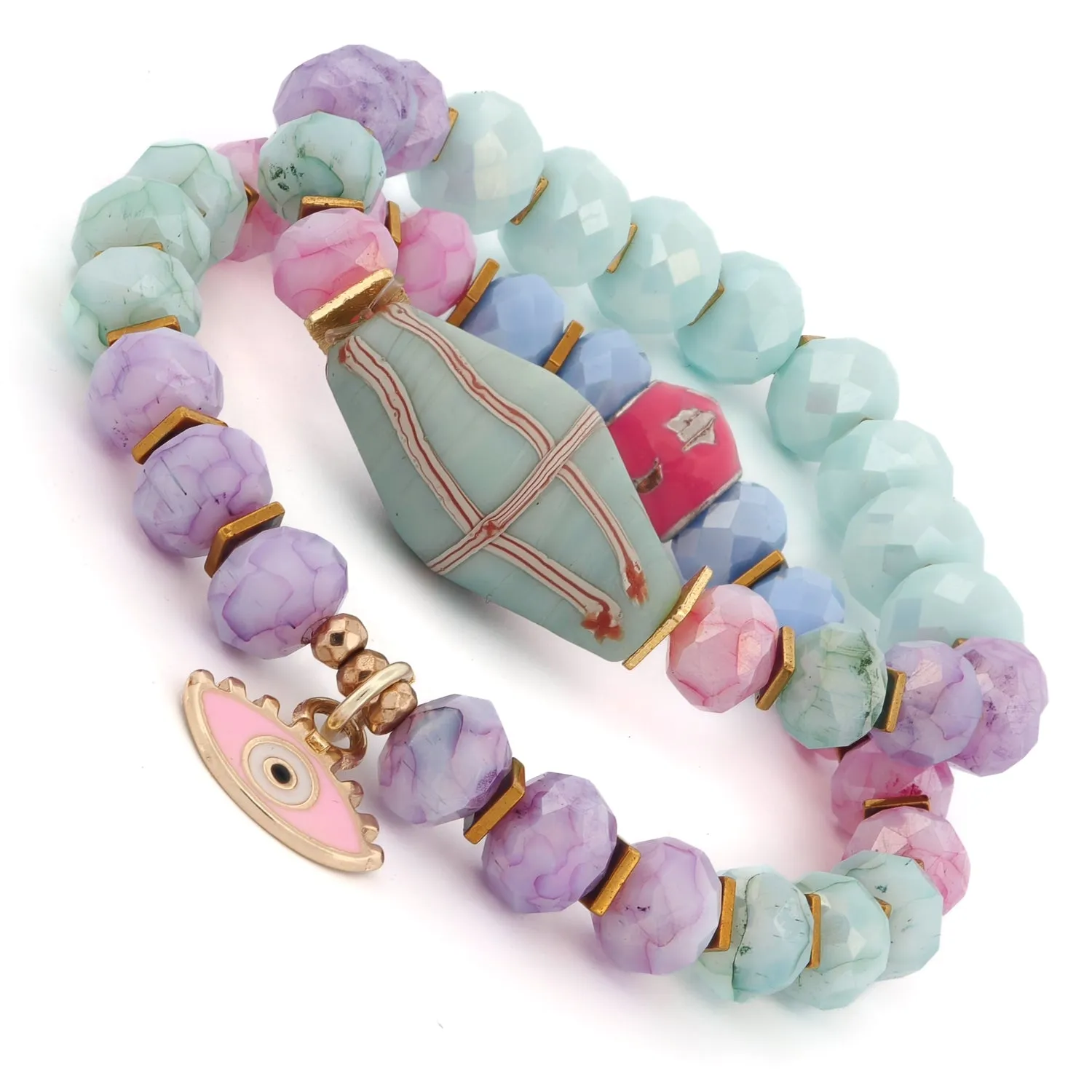 Pastel Colors Beaded Evil Eye Pendant Spring Bracelet Set