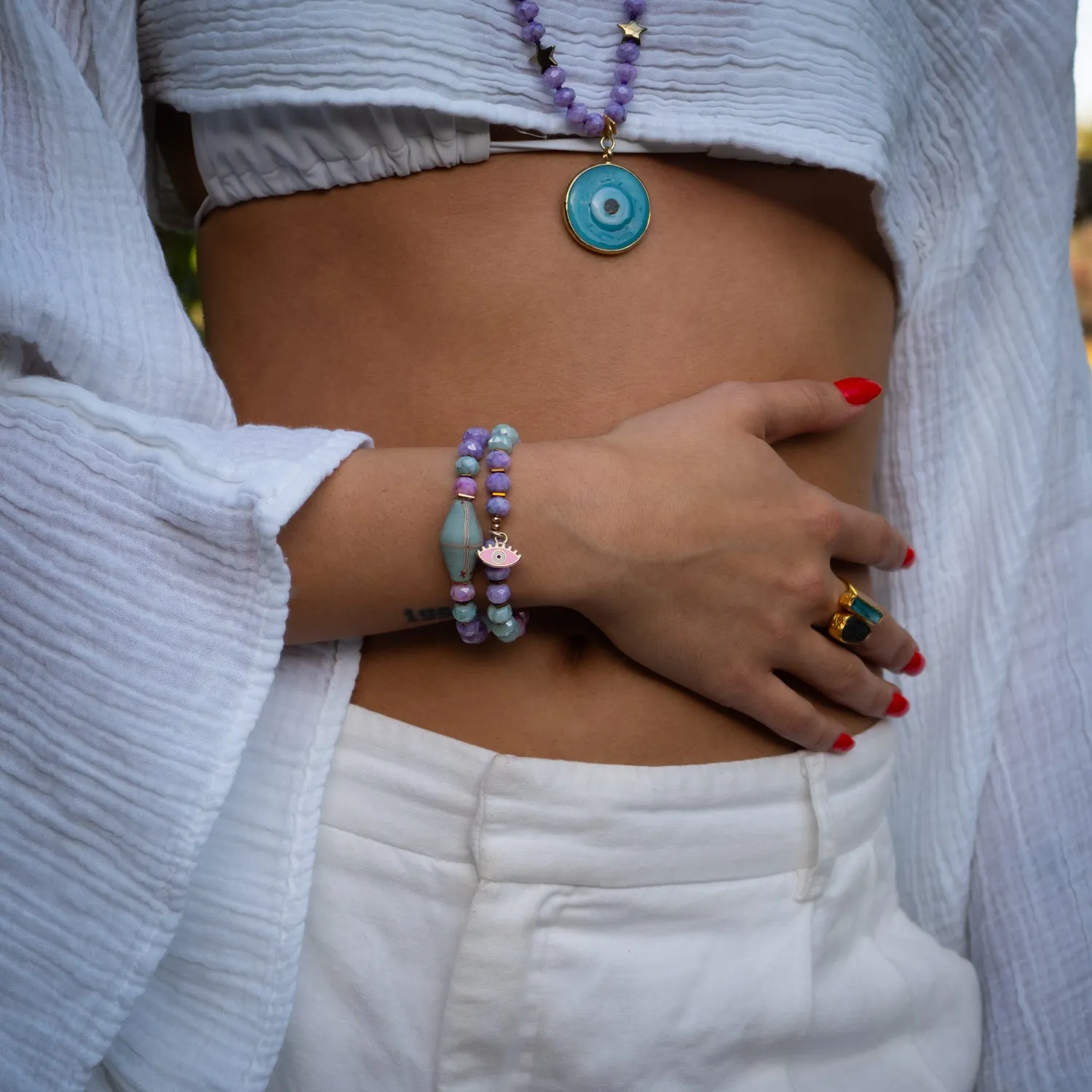 Pastel Colors Beaded Evil Eye Pendant Spring Bracelet Set