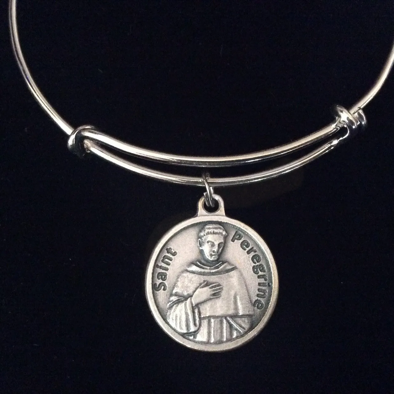 Patron Saint Of Cancer Saint Peregrine with Prayer on Back Silver Charm Bracelet Adjustable Expandable bangle