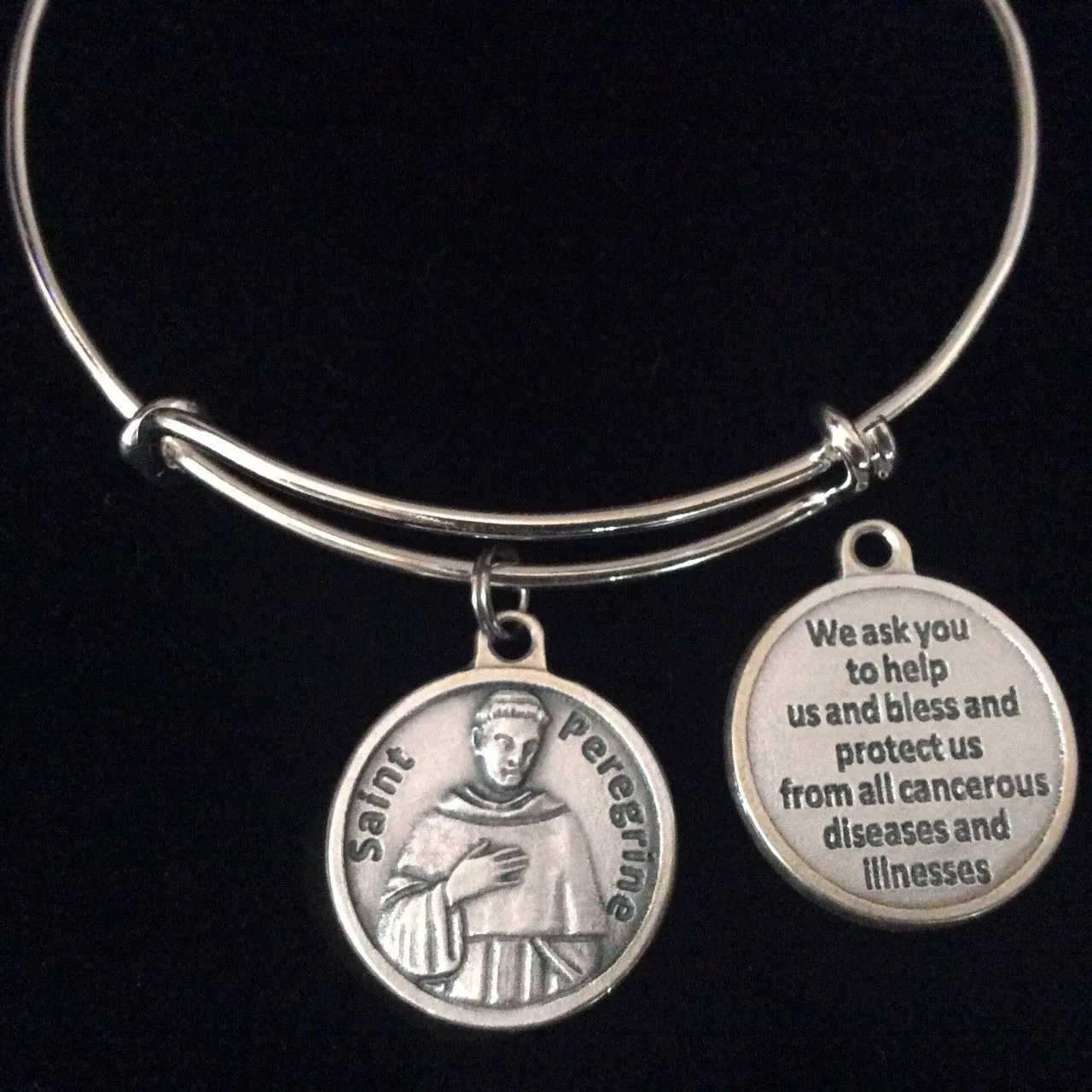 Patron Saint Of Cancer Saint Peregrine with Prayer on Back Silver Charm Bracelet Adjustable Expandable bangle