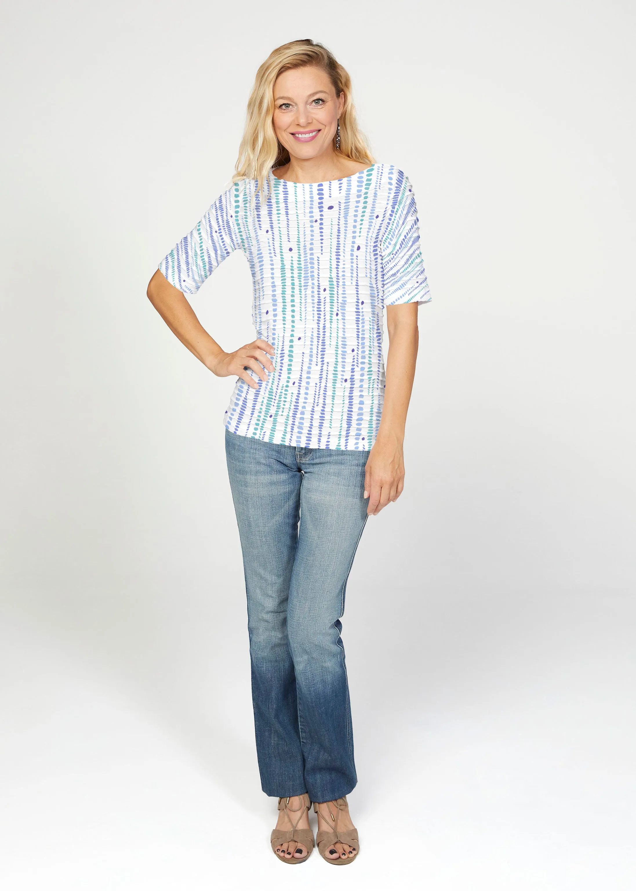 Pebble Dots (7922) ~ Banded Elbow Sleeve Boat Neck Top