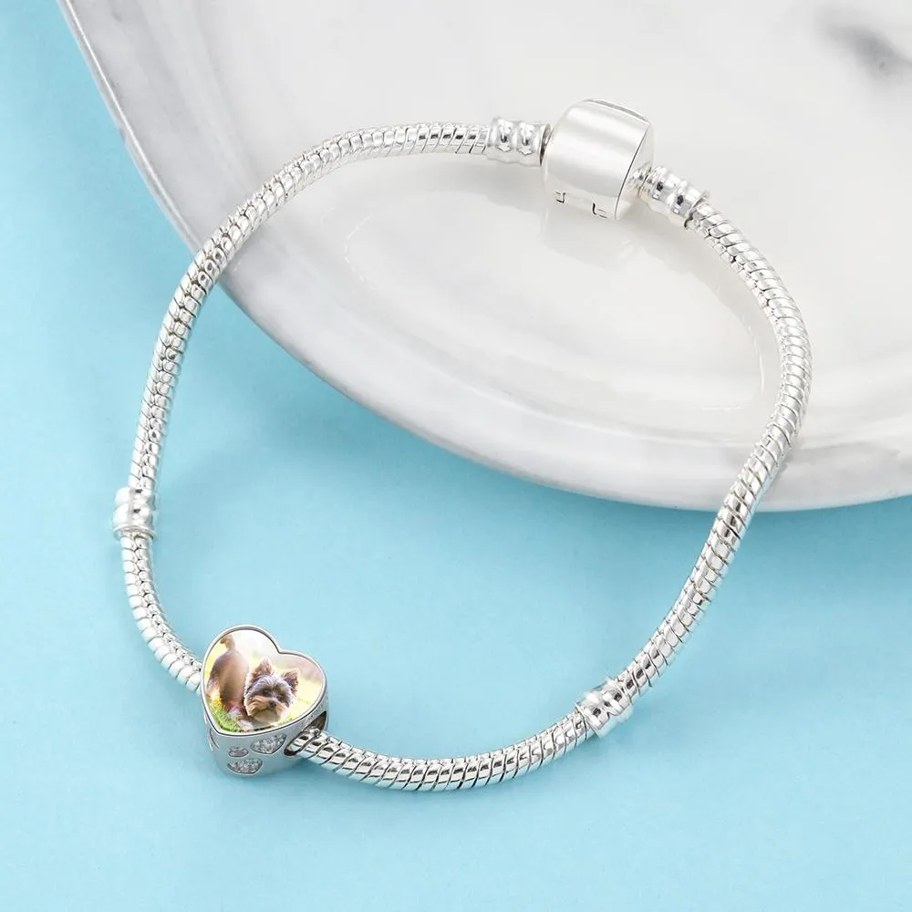 Photo Heart Beads Charm Bracelet, Personalized Pet Paw & Bone Designs with Cubic Zirconia Stones, Jewelry Gift for Women
