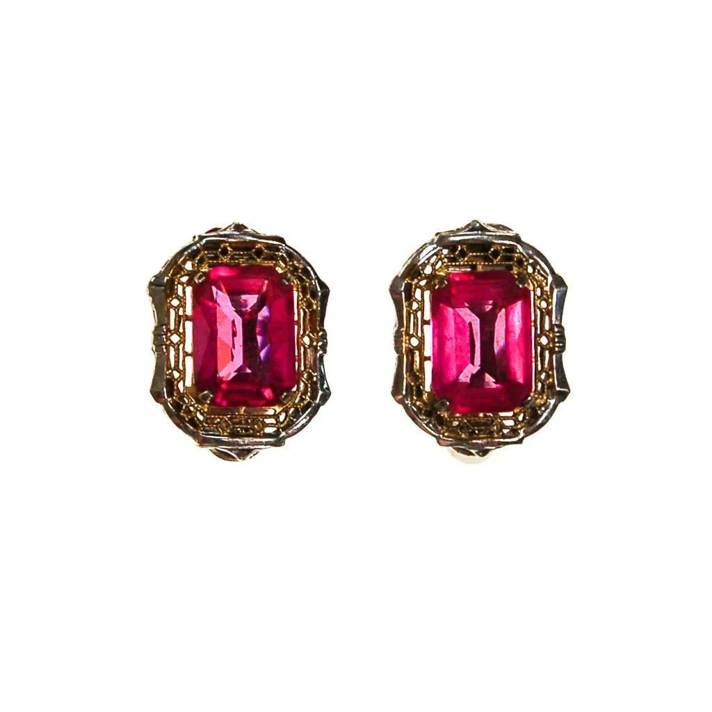 Pink Crystal, 18kt Gold, Sterling Silver Art Deco Era Earrings