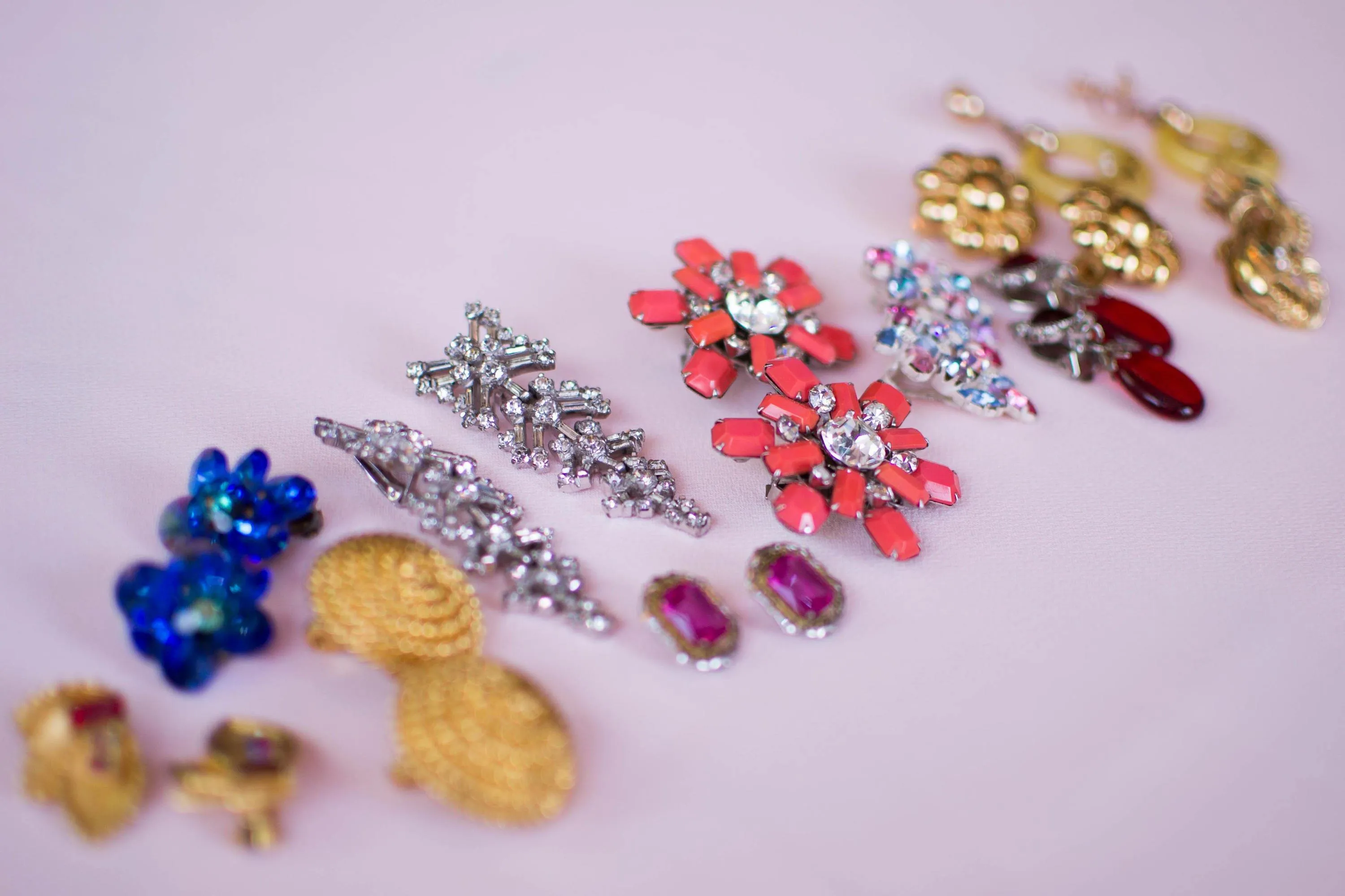 Pink Crystal, 18kt Gold, Sterling Silver Art Deco Era Earrings