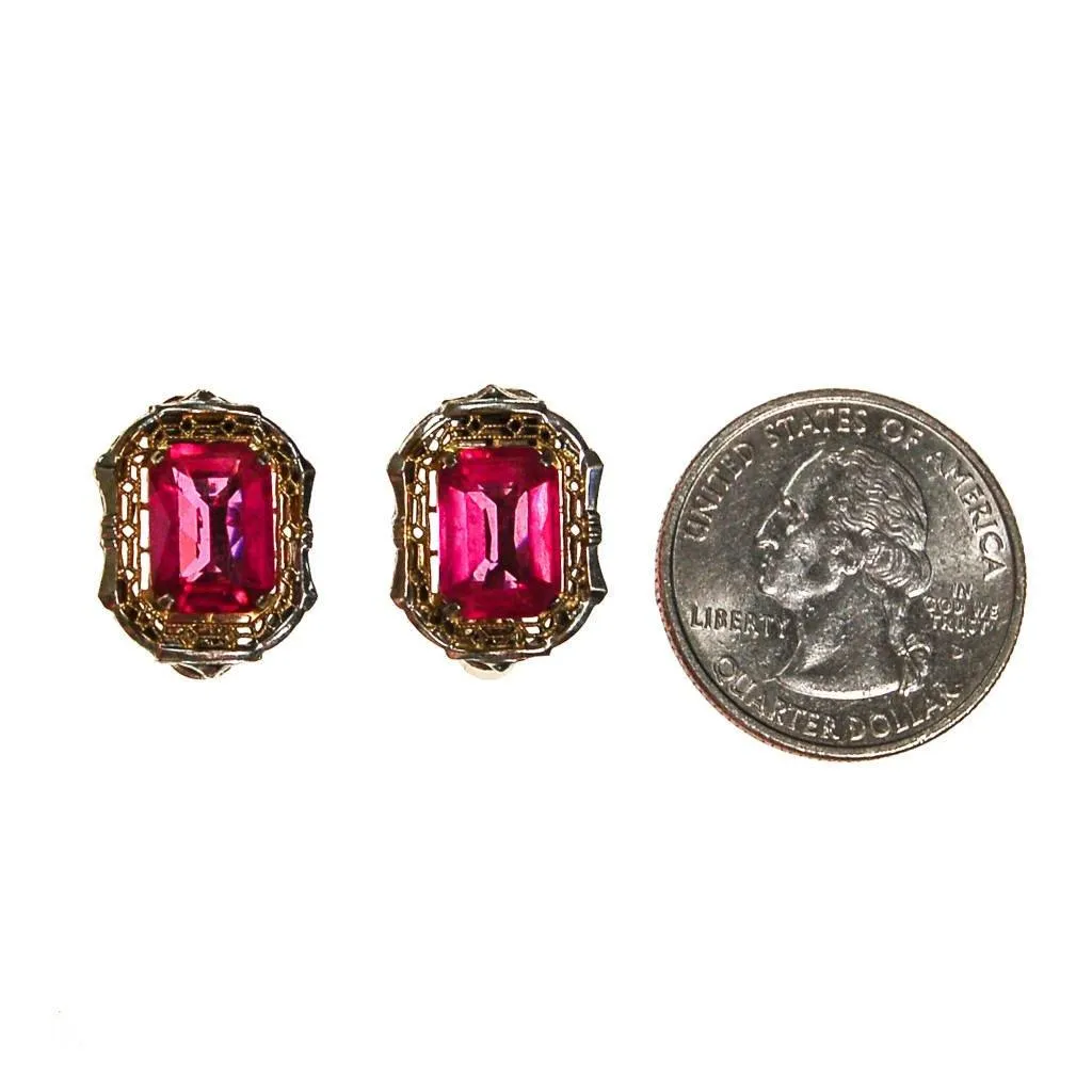 Pink Crystal, 18kt Gold, Sterling Silver Art Deco Era Earrings