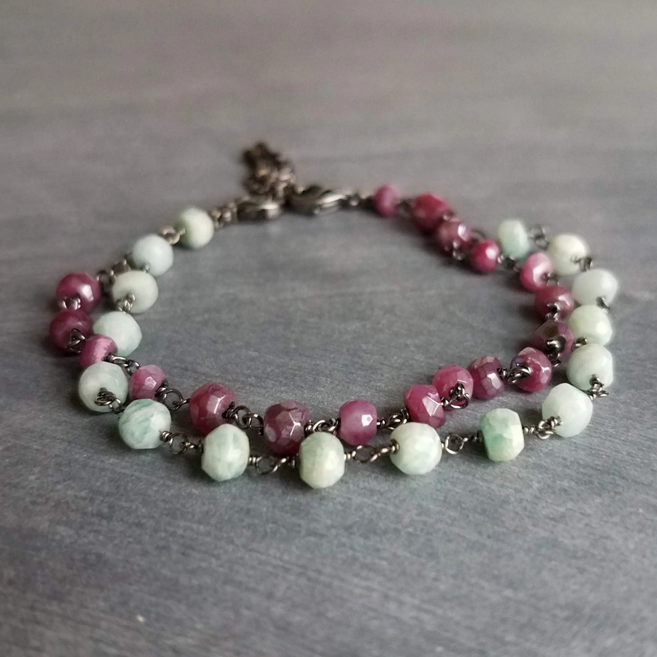 Pink Stone Bracelet, tiny purple stone bracelet, fuchsia stone bracelet, ruby moonstone gemstone bracelet, gunmetal chain, small stone chain