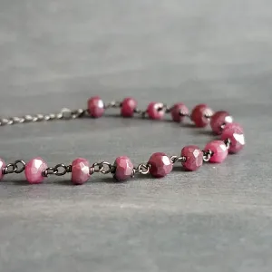 Pink Stone Bracelet, tiny purple stone bracelet, fuchsia stone bracelet, ruby moonstone gemstone bracelet, gunmetal chain, small stone chain