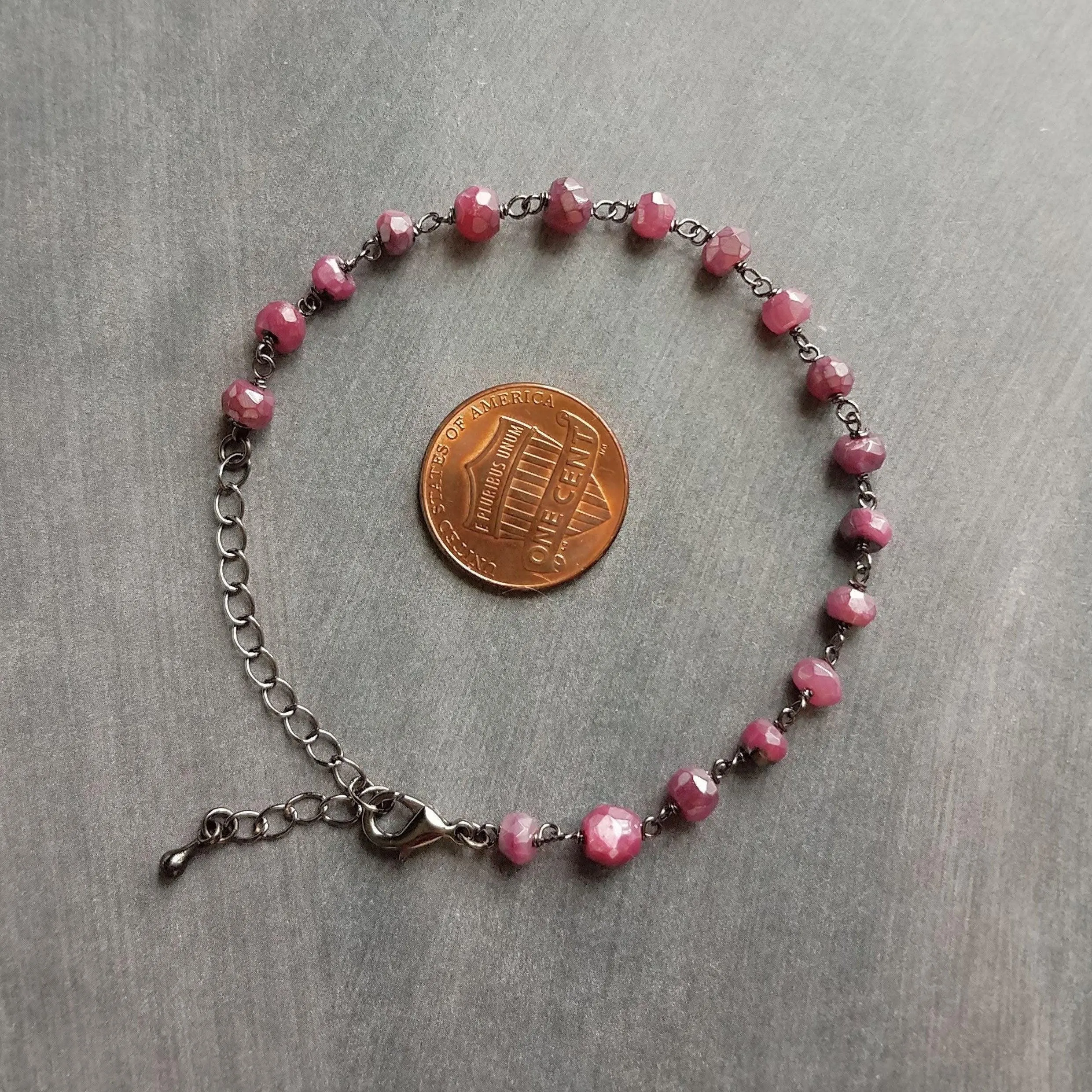 Pink Stone Bracelet, tiny purple stone bracelet, fuchsia stone bracelet, ruby moonstone gemstone bracelet, gunmetal chain, small stone chain