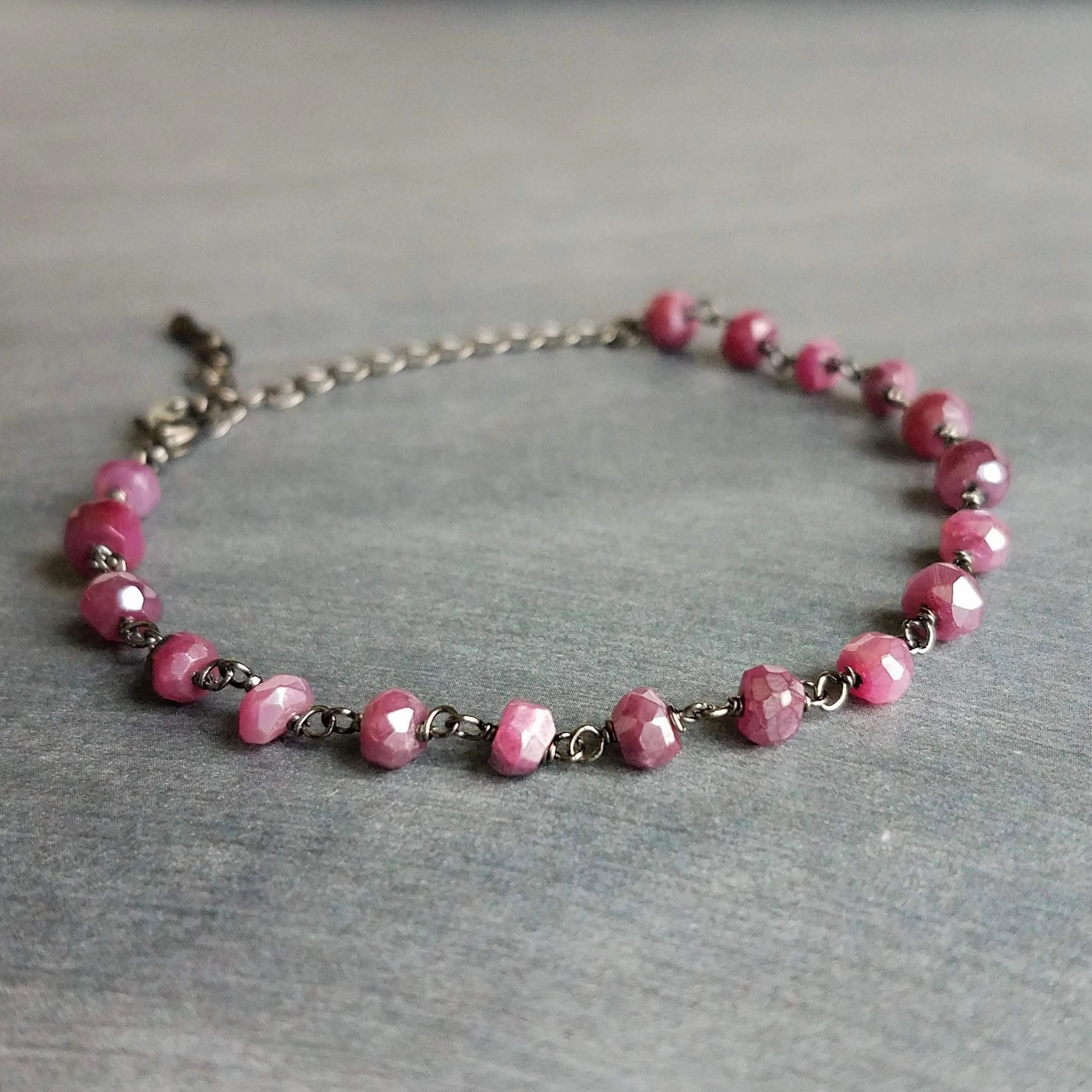 Pink Stone Bracelet, tiny purple stone bracelet, fuchsia stone bracelet, ruby moonstone gemstone bracelet, gunmetal chain, small stone chain