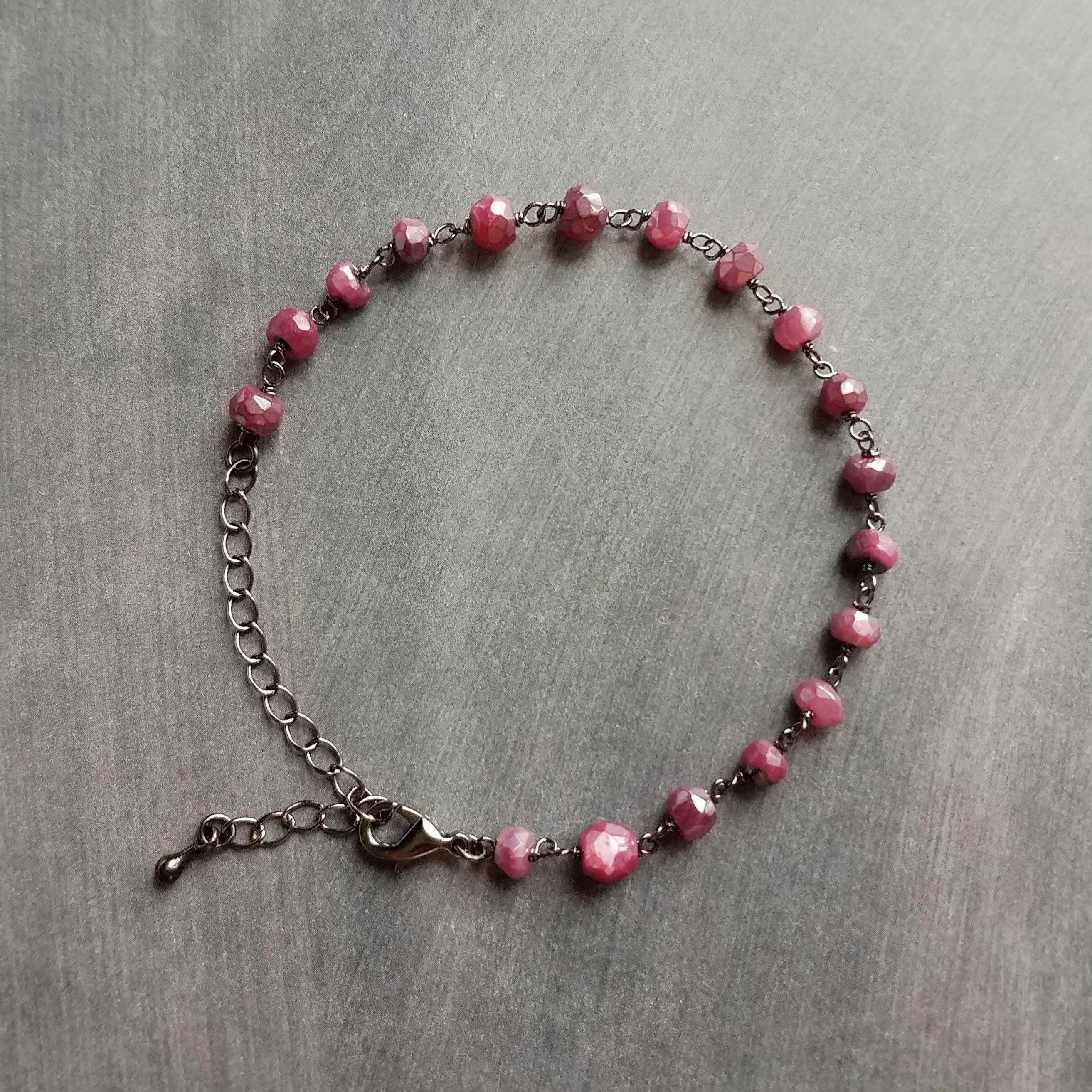 Pink Stone Bracelet, tiny purple stone bracelet, fuchsia stone bracelet, ruby moonstone gemstone bracelet, gunmetal chain, small stone chain