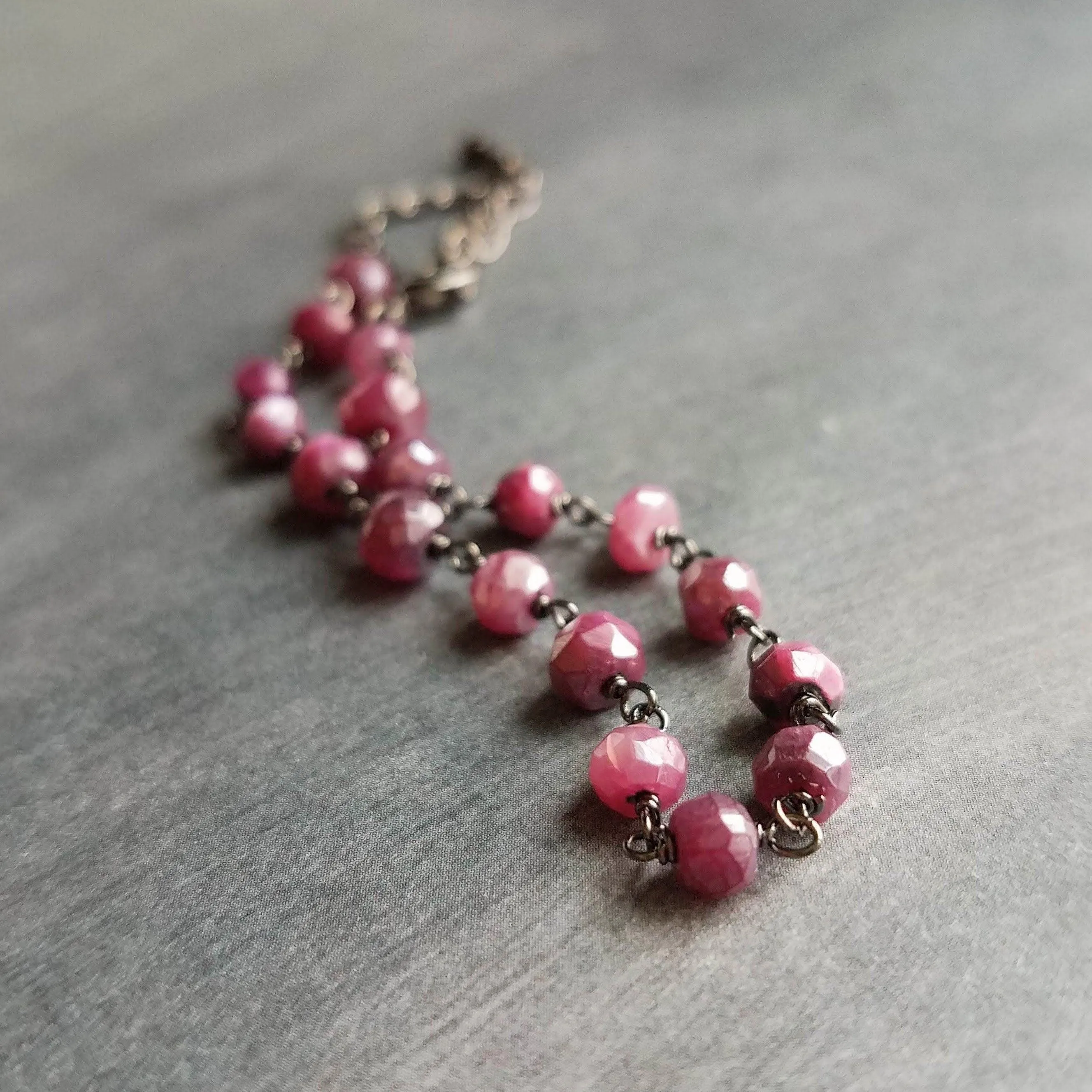 Pink Stone Bracelet, tiny purple stone bracelet, fuchsia stone bracelet, ruby moonstone gemstone bracelet, gunmetal chain, small stone chain