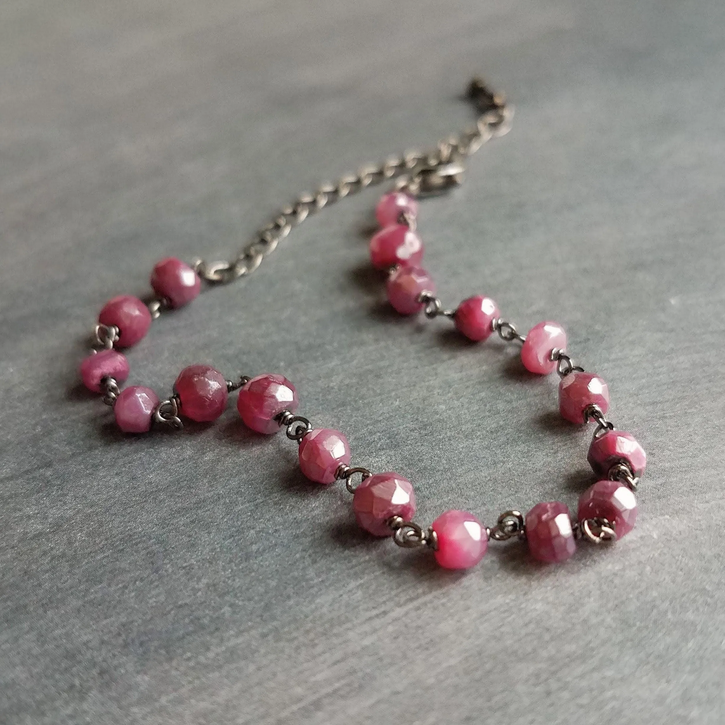 Pink Stone Bracelet, tiny purple stone bracelet, fuchsia stone bracelet, ruby moonstone gemstone bracelet, gunmetal chain, small stone chain