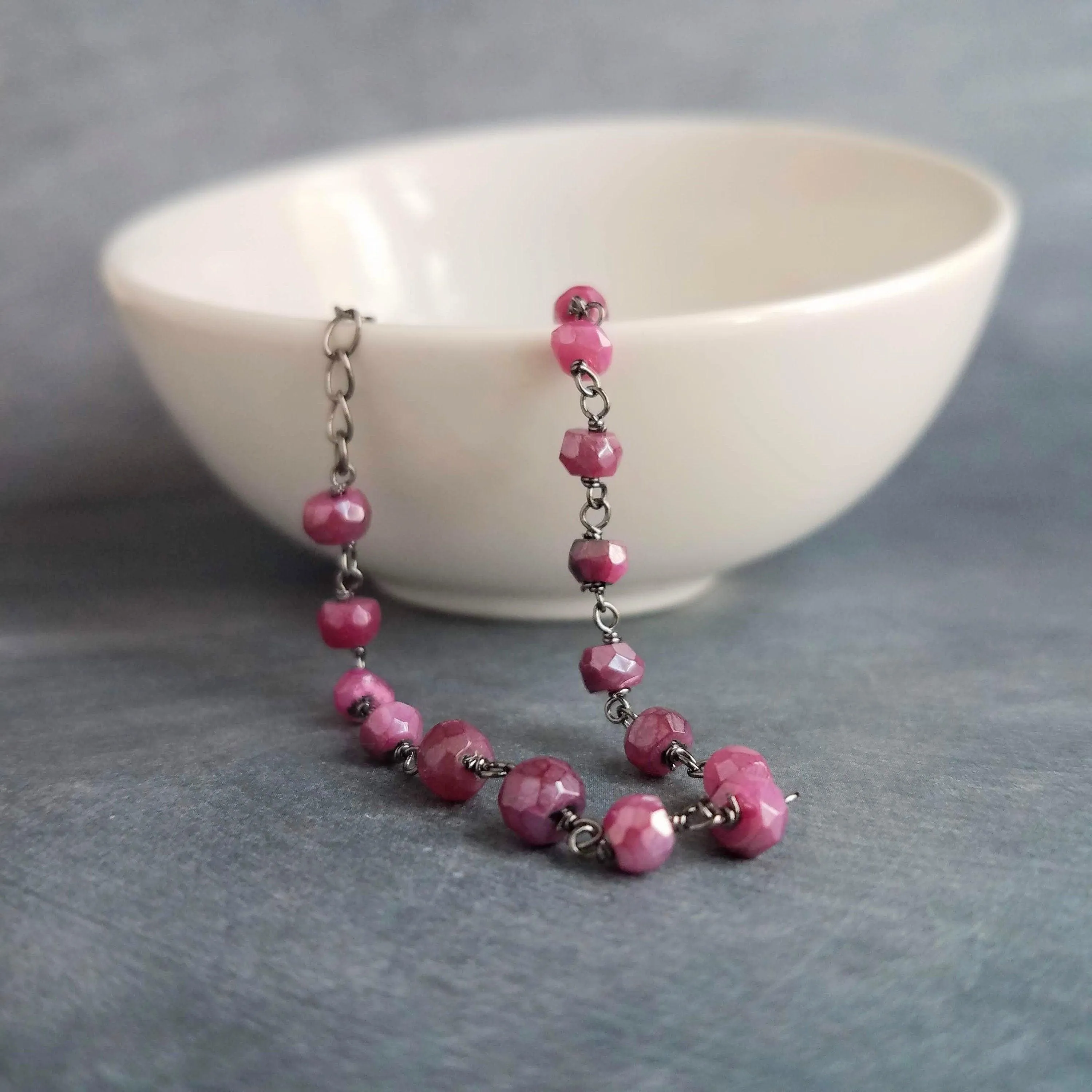 Pink Stone Bracelet, tiny purple stone bracelet, fuchsia stone bracelet, ruby moonstone gemstone bracelet, gunmetal chain, small stone chain