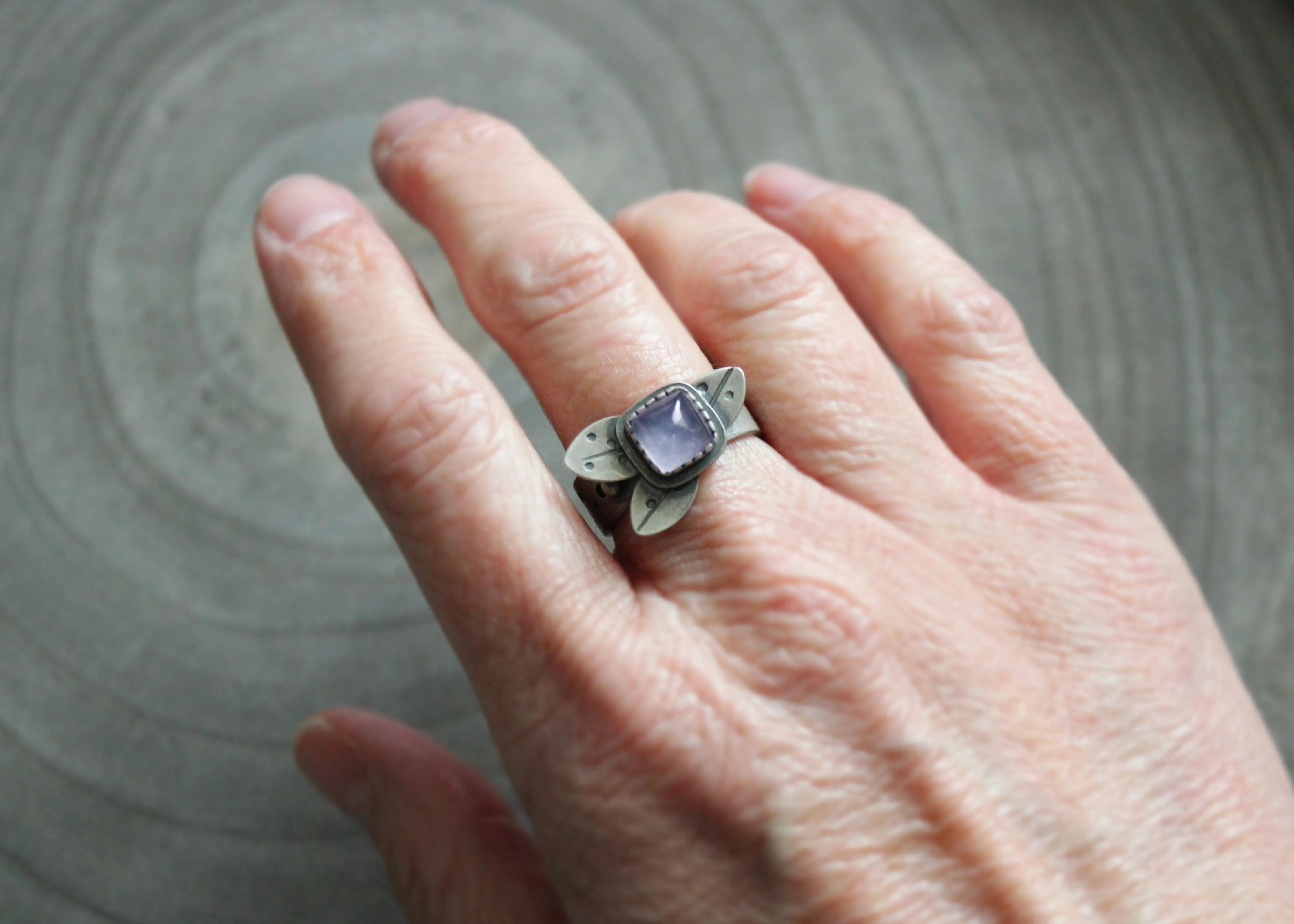 Purple Chalcedony Silver Leaf Ring