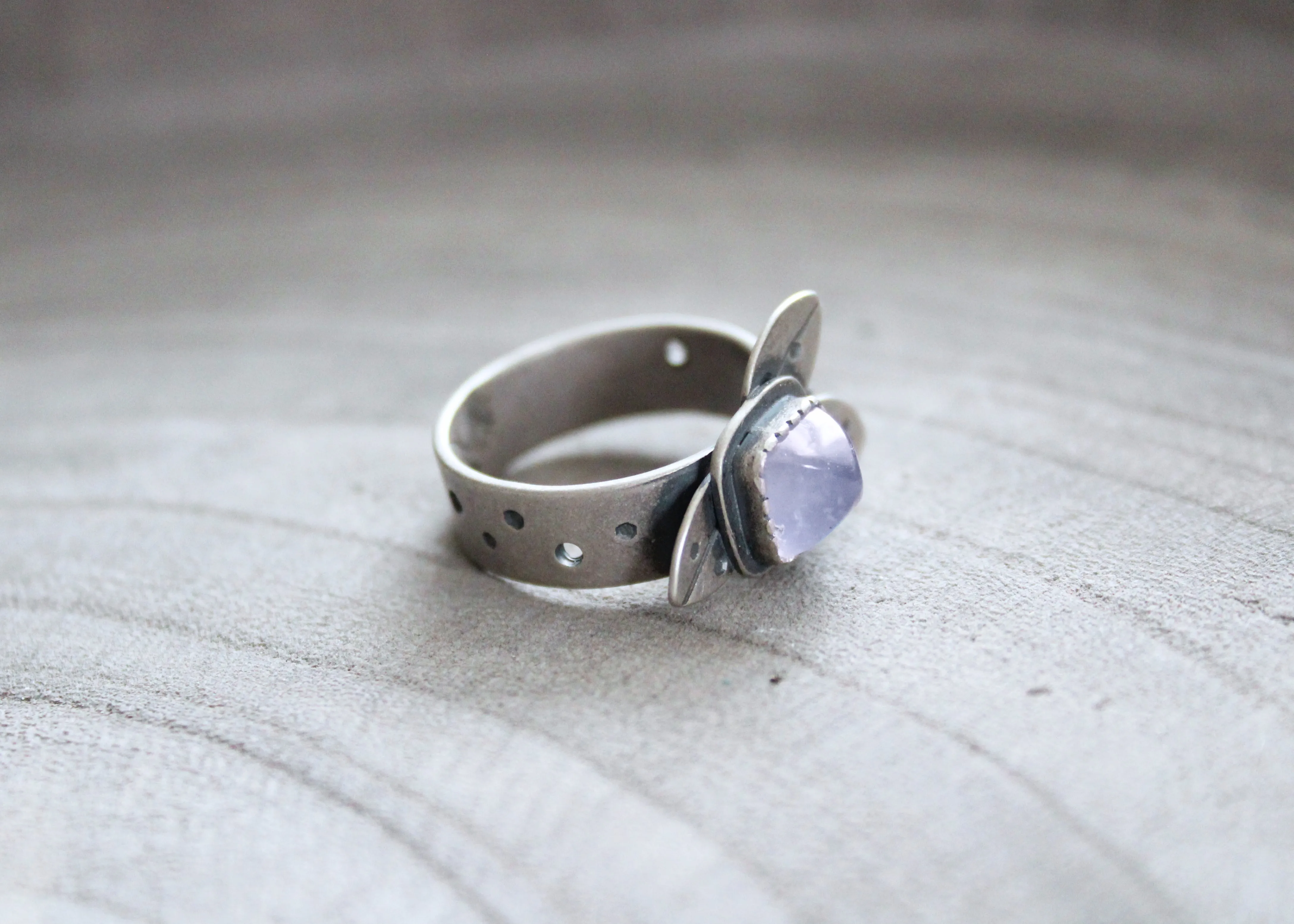 Purple Chalcedony Silver Leaf Ring