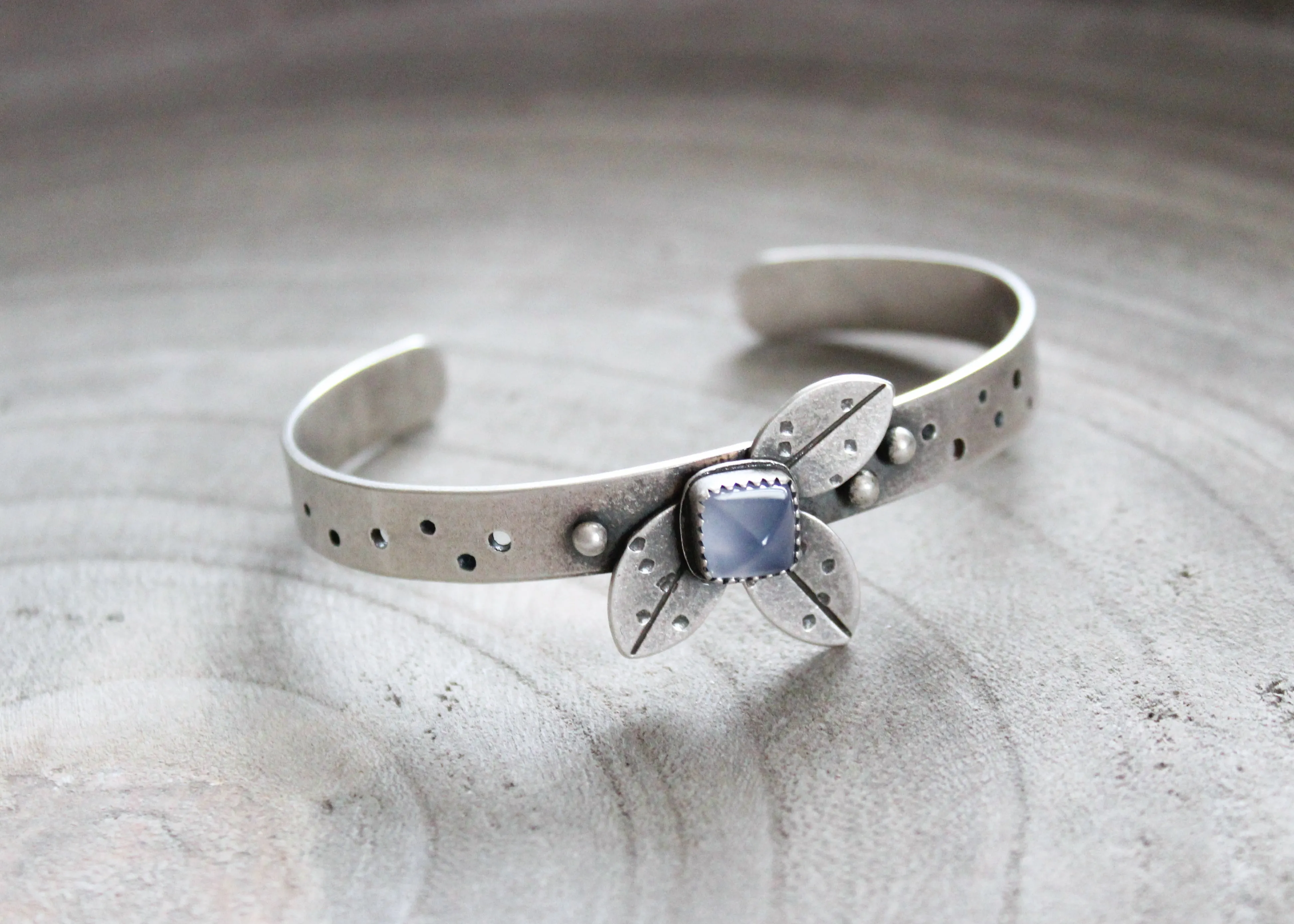 Purple Chalcedony Sterling Silver Leaf Cuff Bracelet