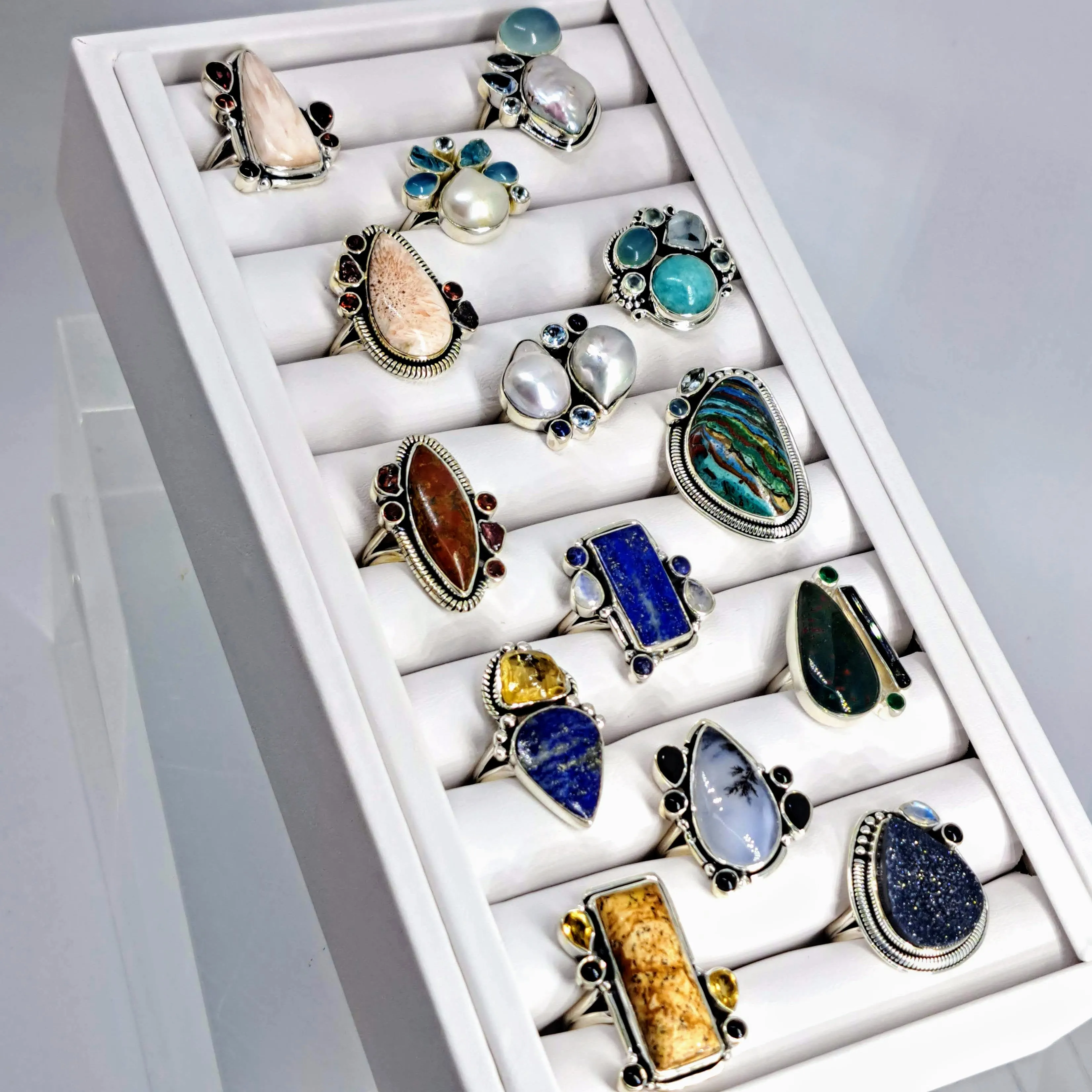 "Blue Skies" Sz 7 Ring - Pearl, Apatite, Chalcedony, Topaz, Sterling