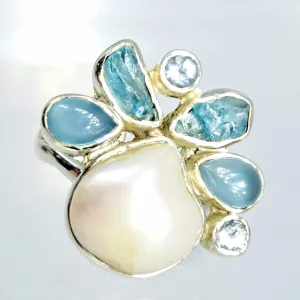 "Blue Skies" Sz 7 Ring - Pearl, Apatite, Chalcedony, Topaz, Sterling