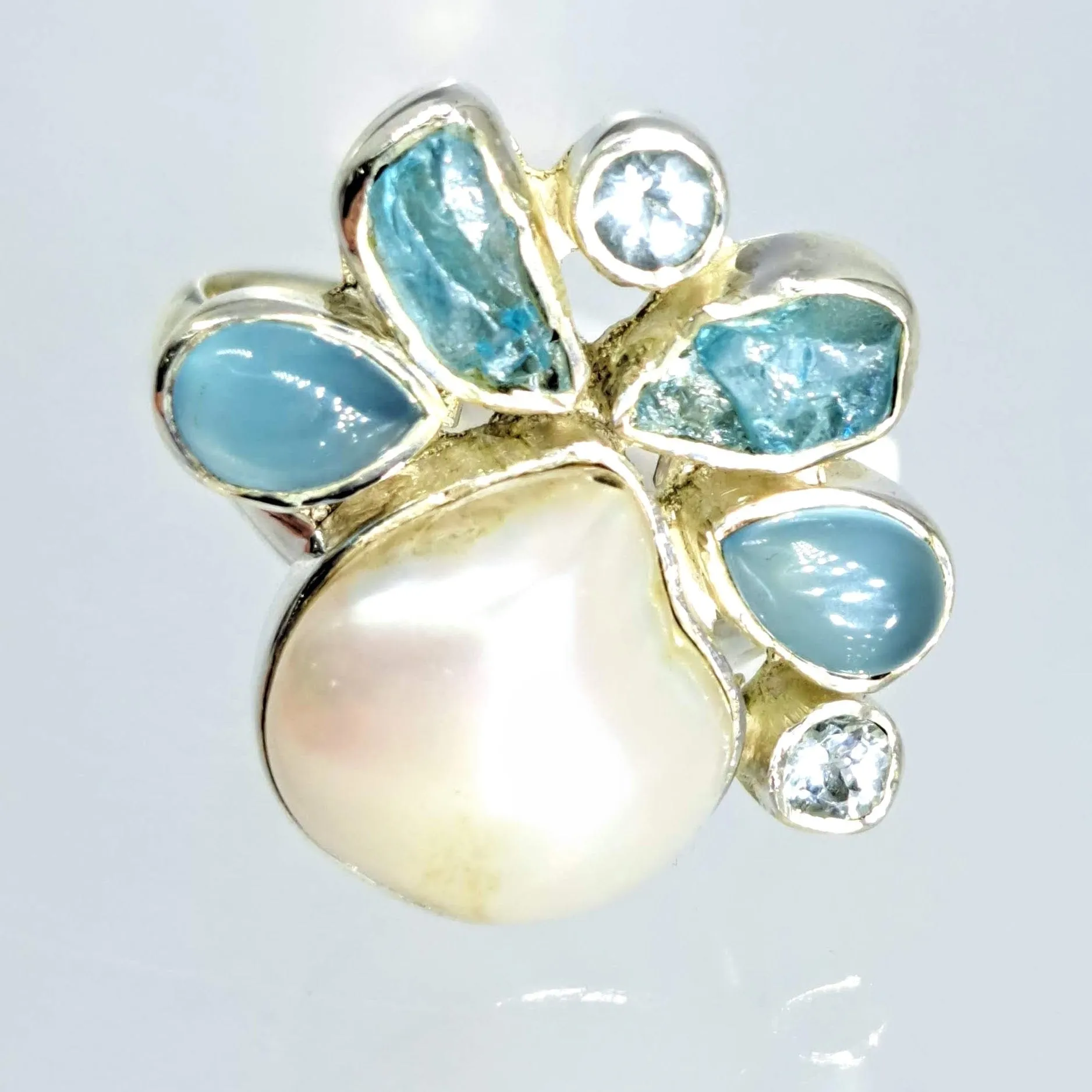 "Blue Skies" Sz 7 Ring - Pearl, Apatite, Chalcedony, Topaz, Sterling