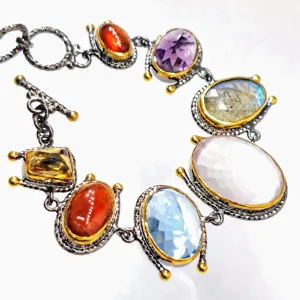 "Gardening At Night" 6.5" to 7.5" Bracelet - Citrine, Carnelian, Topaz, Chalcedony, Amethyst, Black Sterling, 18k