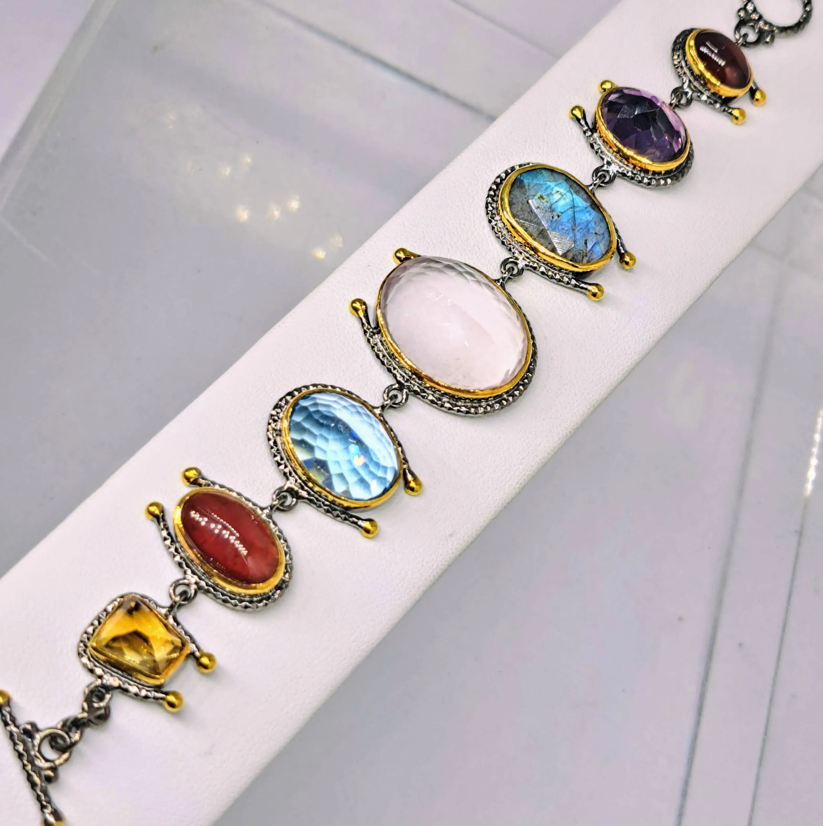 "Gardening At Night" 6.5" to 7.5" Bracelet - Citrine, Carnelian, Topaz, Chalcedony, Amethyst, Black Sterling, 18k