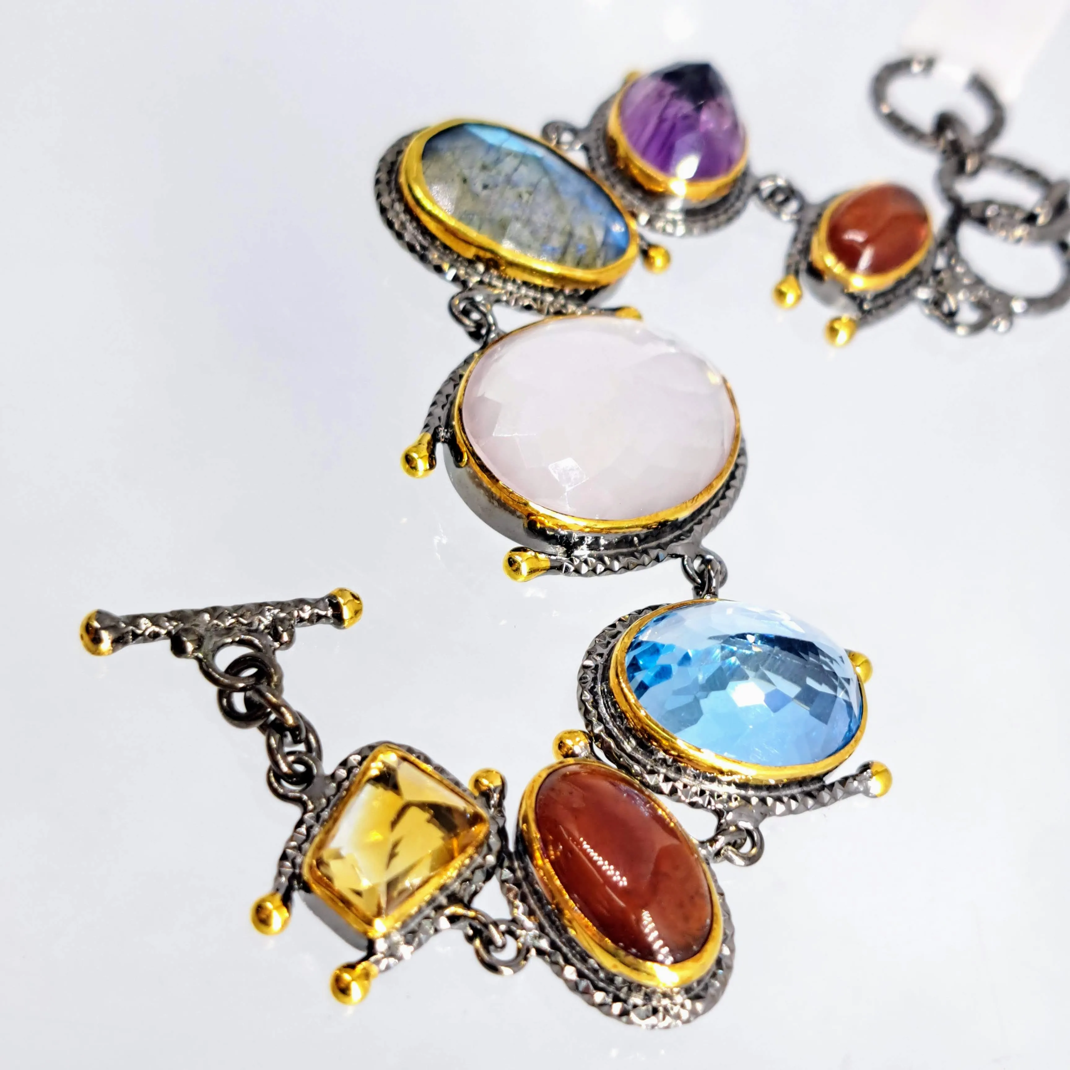 "Gardening At Night" 6.5" to 7.5" Bracelet - Citrine, Carnelian, Topaz, Chalcedony, Amethyst, Black Sterling, 18k