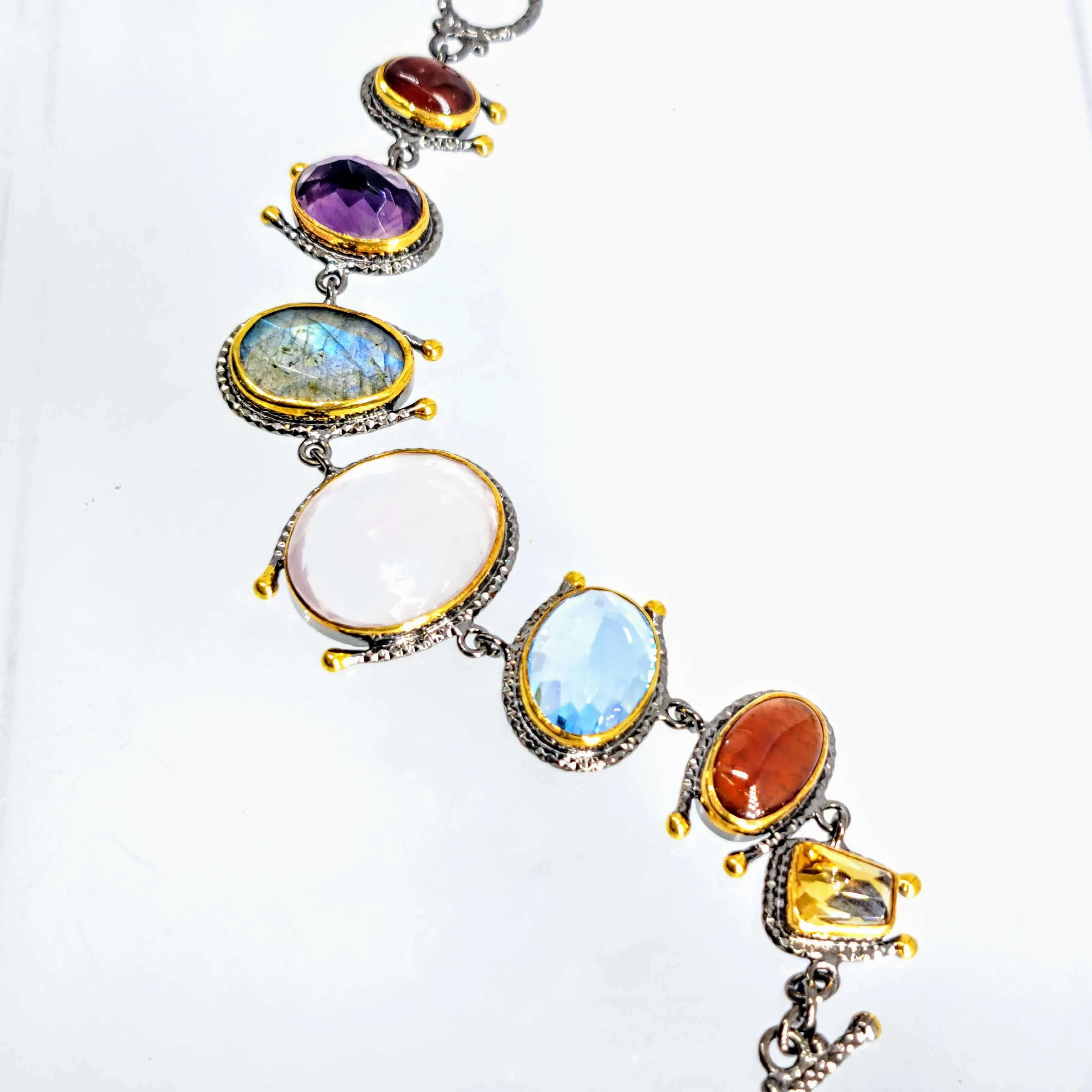 "Gardening At Night" 6.5" to 7.5" Bracelet - Citrine, Carnelian, Topaz, Chalcedony, Amethyst, Black Sterling, 18k