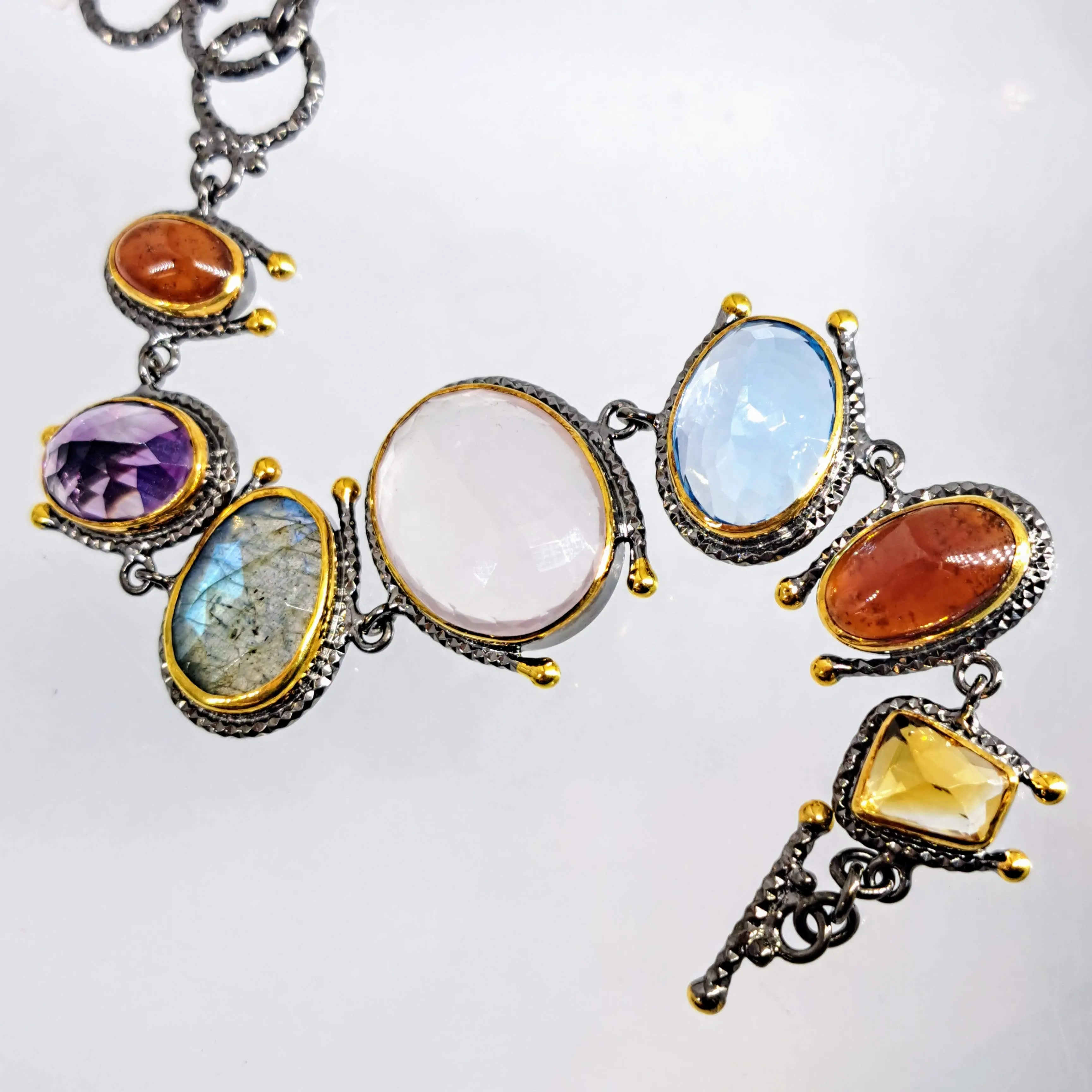 "Gardening At Night" 6.5" to 7.5" Bracelet - Citrine, Carnelian, Topaz, Chalcedony, Amethyst, Black Sterling, 18k
