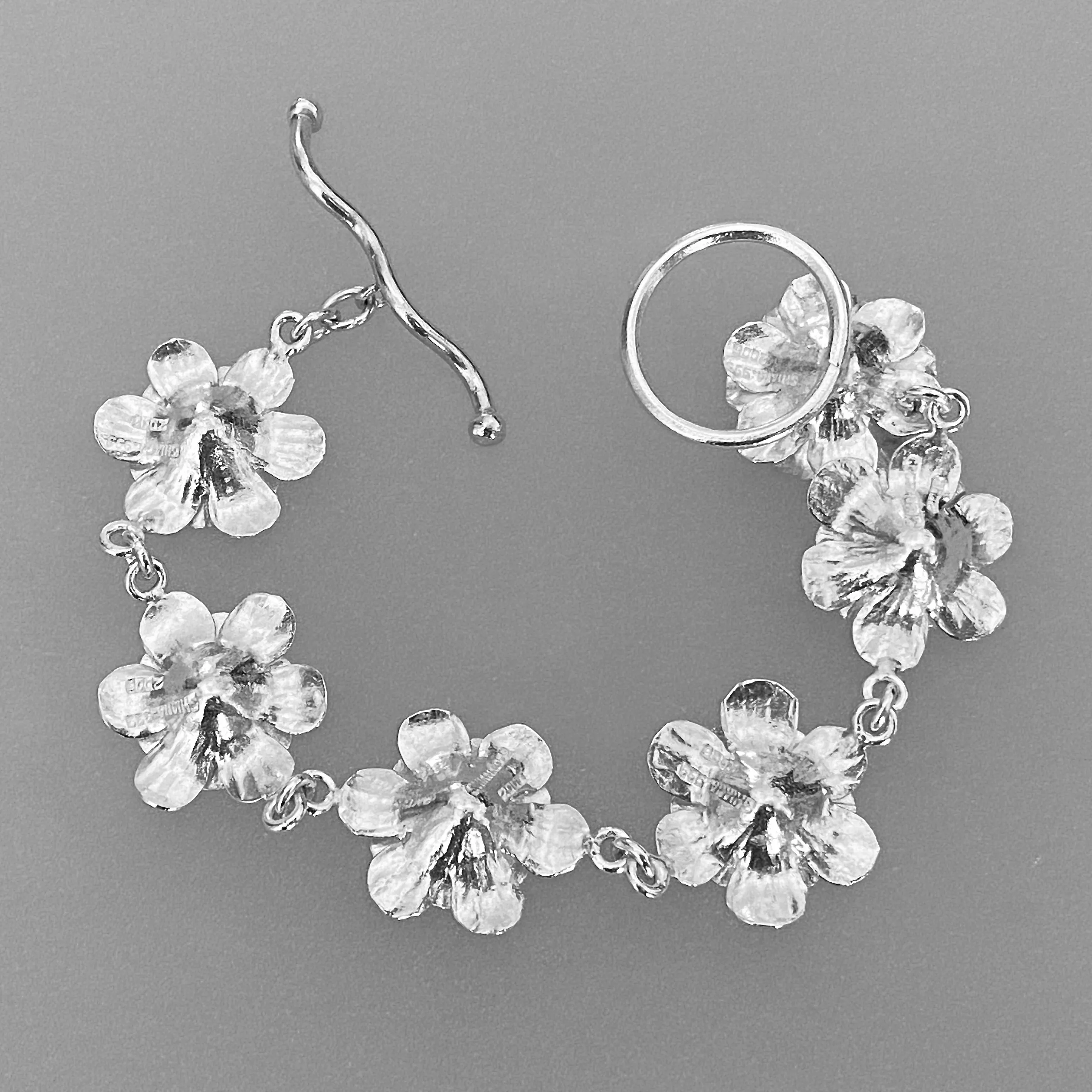 "In Full Bloom" ~ Artisan-Crafted Fine White Silver Floral Link Bracelet with Flower Toggle Clasp ~ 8" Length
