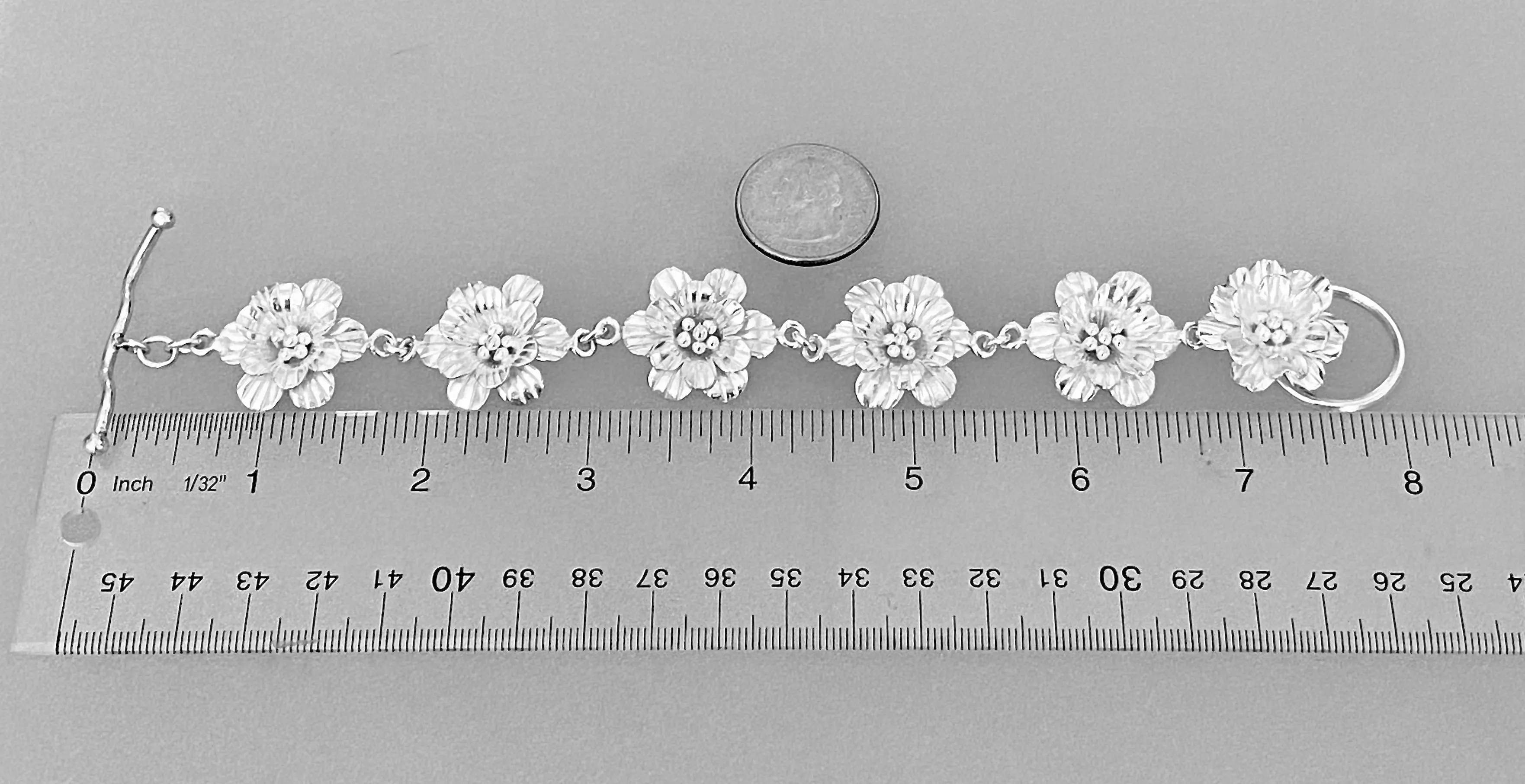 "In Full Bloom" ~ Artisan-Crafted Fine White Silver Floral Link Bracelet with Flower Toggle Clasp ~ 8" Length