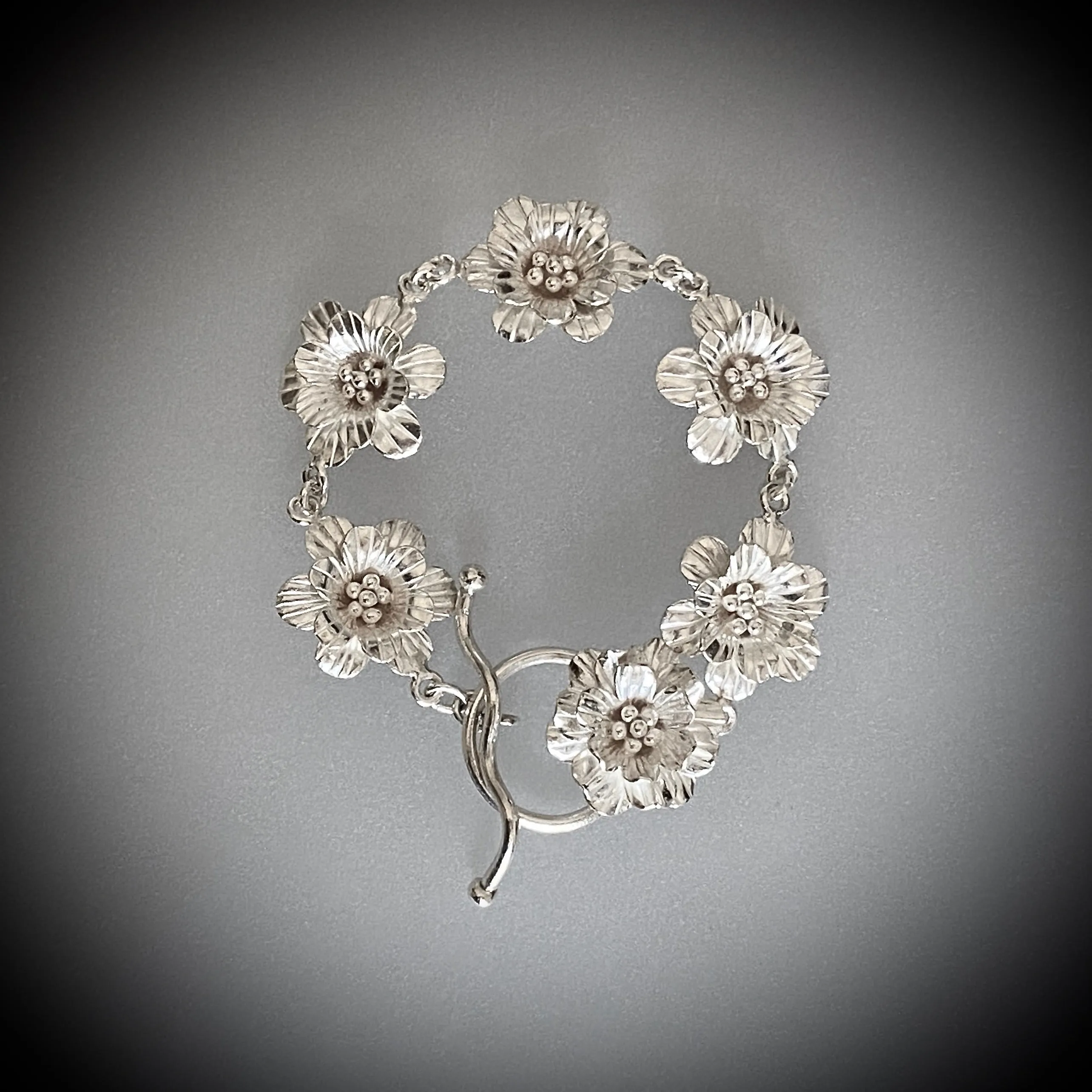 "In Full Bloom" ~ Artisan-Crafted Fine White Silver Floral Link Bracelet with Flower Toggle Clasp ~ 8" Length