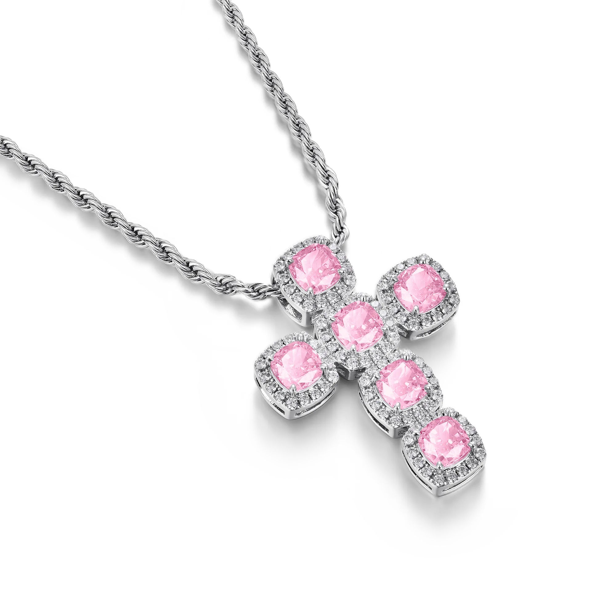Radiant Cut Cross Pendant - Fancy Light Pink