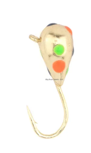 RBM Jigs 203-5MM Carnival Tungsten Jig, Gold - Orange, Blue, Green Spots, Size 5mm w/size 12 Hyabusa Hook, 1/18 oz