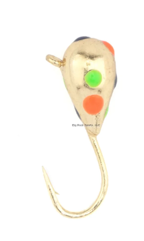 RBM Jigs 203-5MM Carnival Tungsten Jig, Gold - Orange, Blue, Green Spots, Size 5mm w/size 12 Hyabusa Hook, 1/18 oz