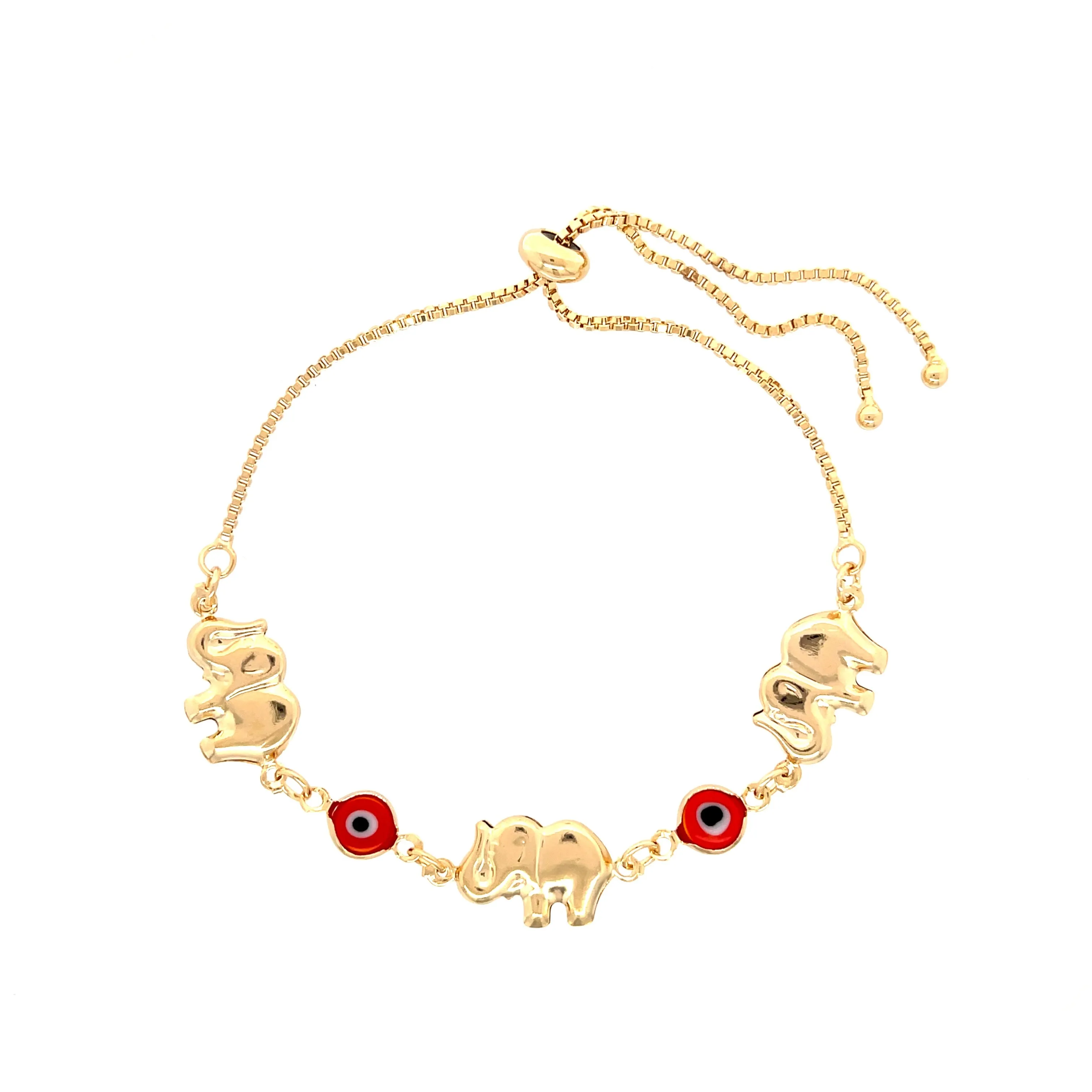 Red Evil Eye Elephant Charm Bracelet 14k gold filled Adjustable