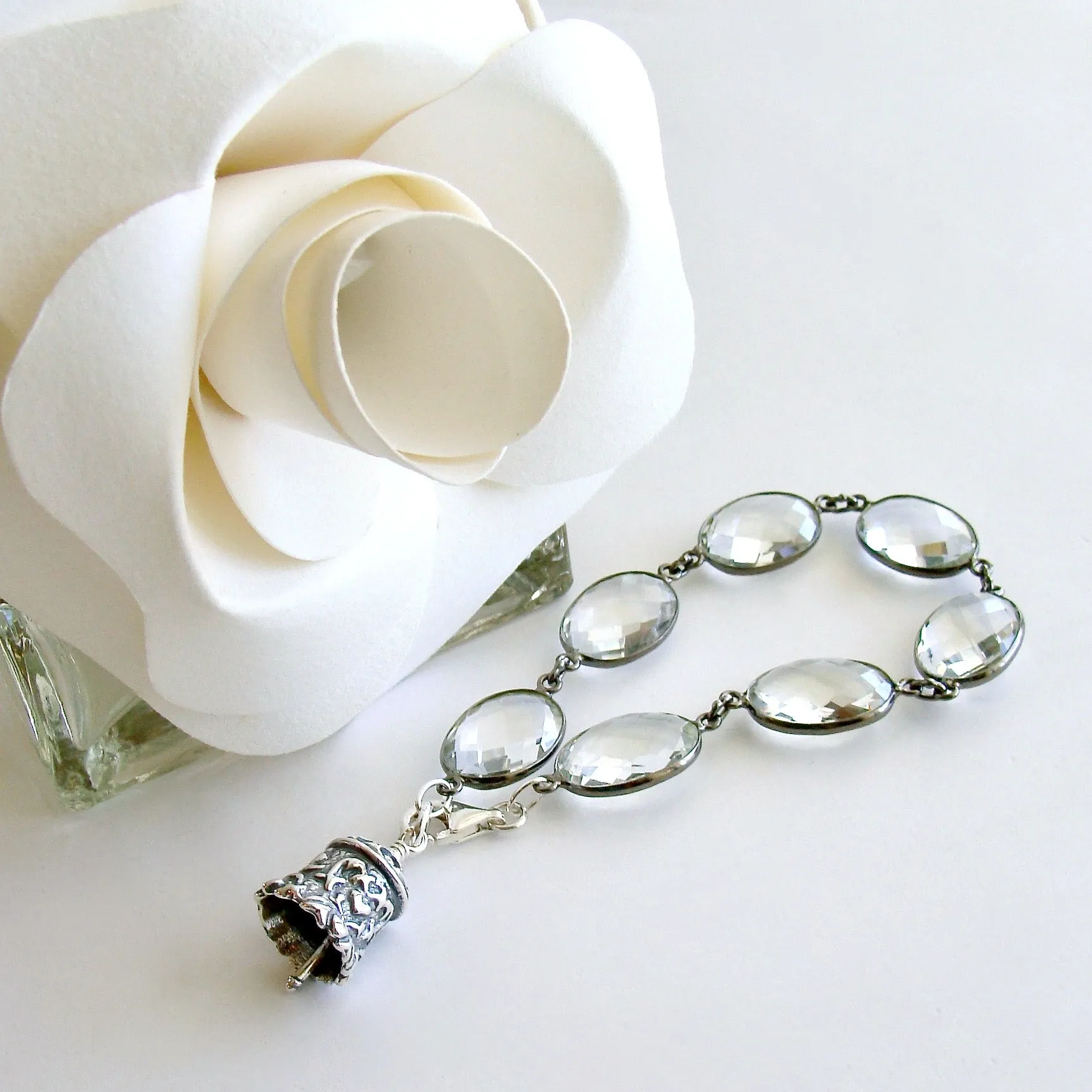 Rock Crystal Sterling Silver Heart Bell Charm Bracelet - Key To Your Heart Bracelet