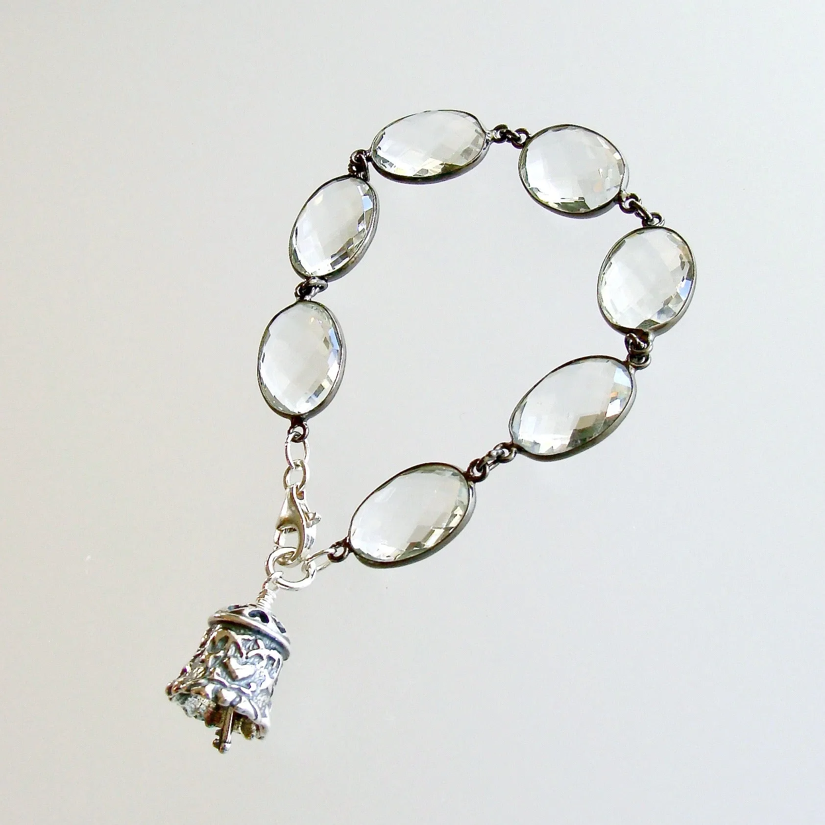 Rock Crystal Sterling Silver Heart Bell Charm Bracelet - Key To Your Heart Bracelet