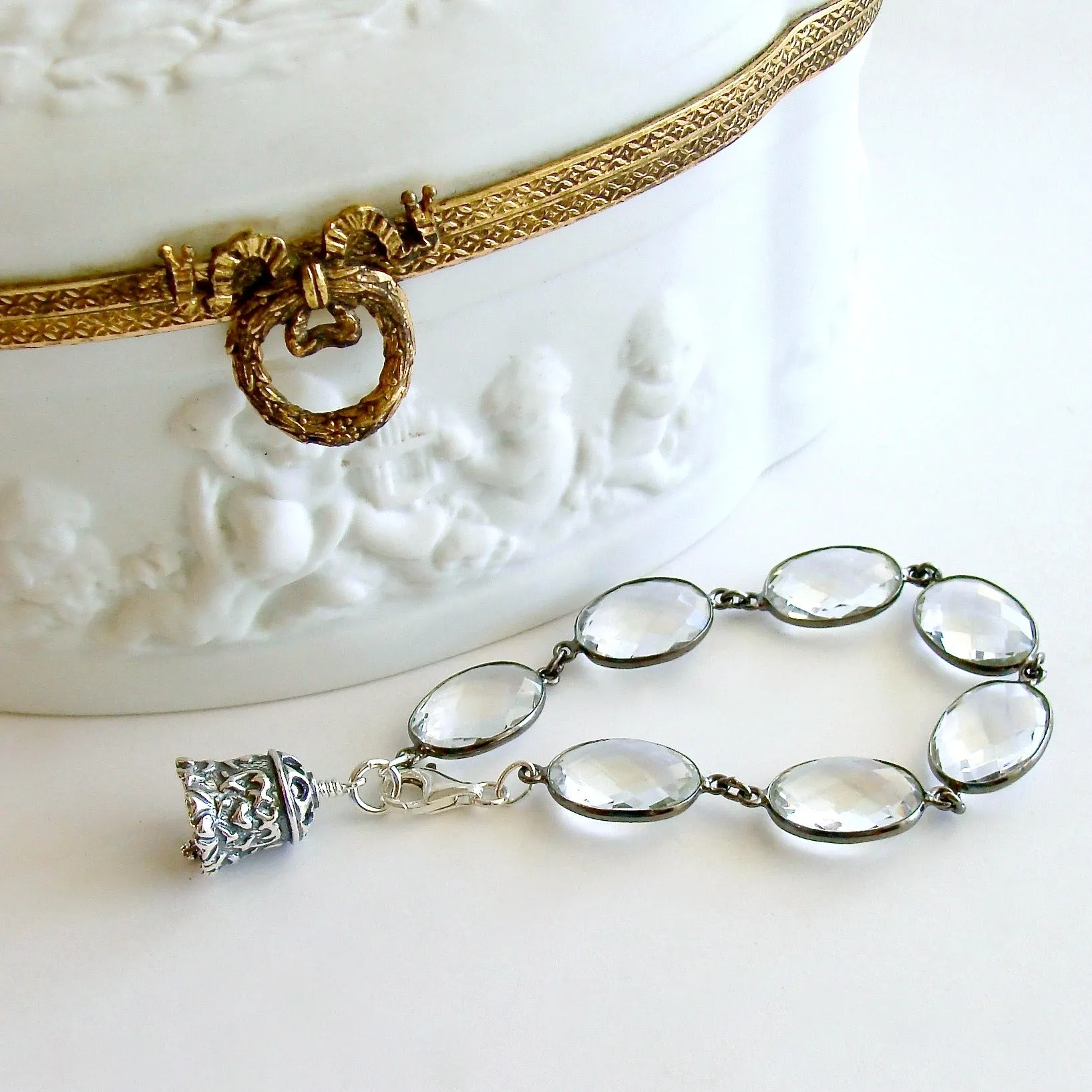 Rock Crystal Sterling Silver Heart Bell Charm Bracelet - Key To Your Heart Bracelet
