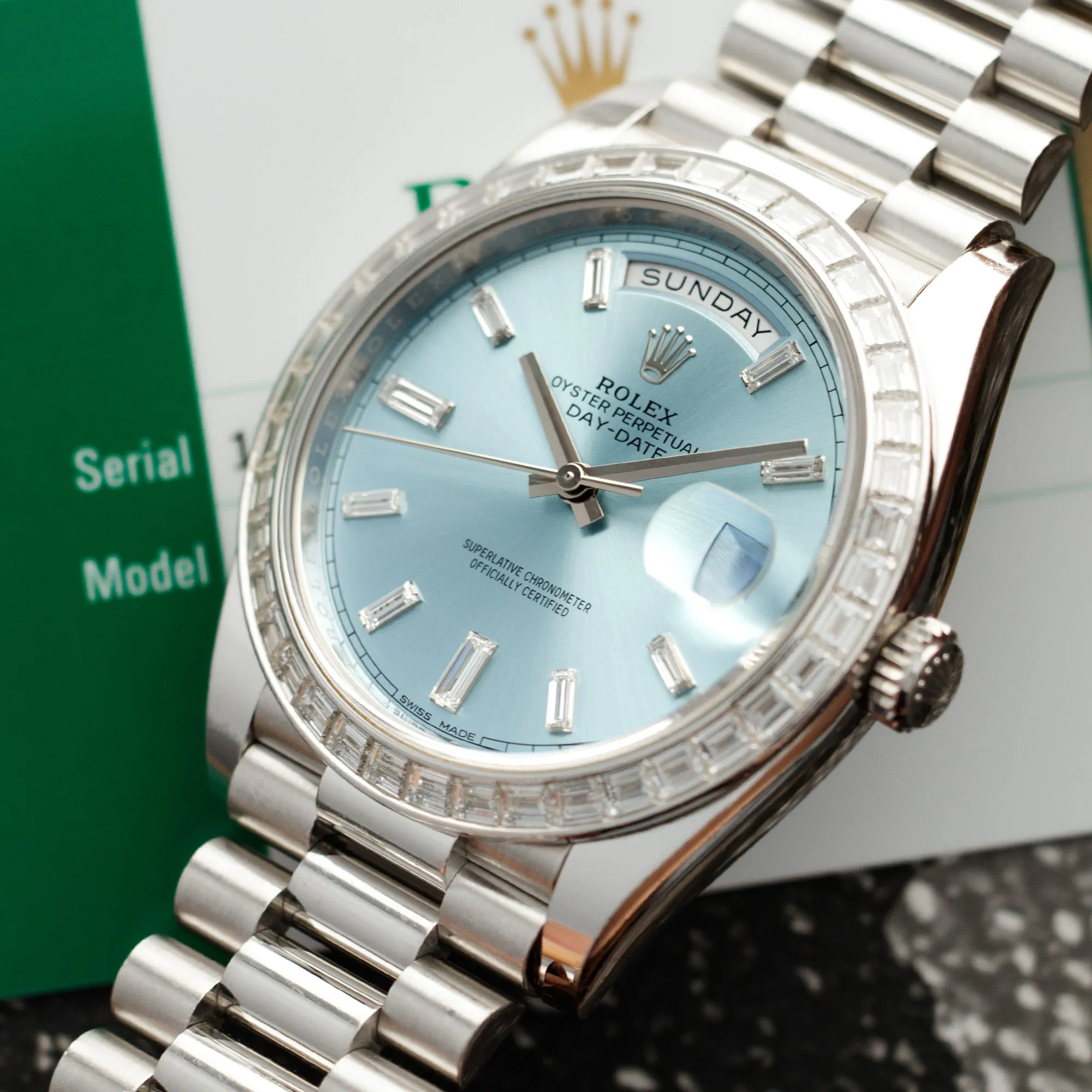 Rolex Platinum Ice-Blue Day-Date Ref. 228396 with Baguette Diamonds