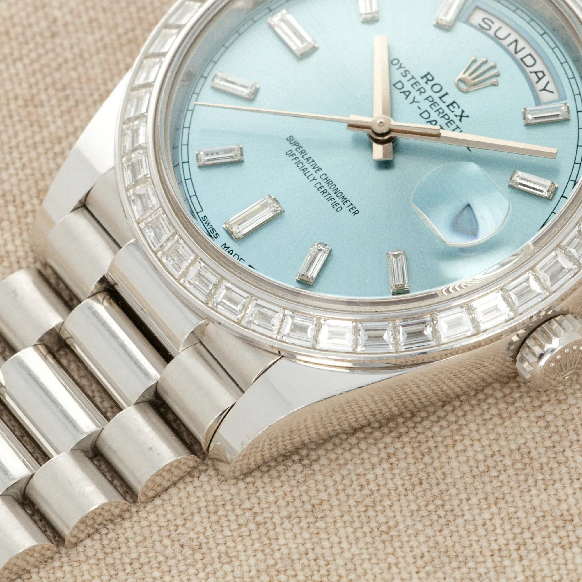 Rolex Platinum Ice-Blue Day-Date Ref. 228396 with Baguette Diamonds