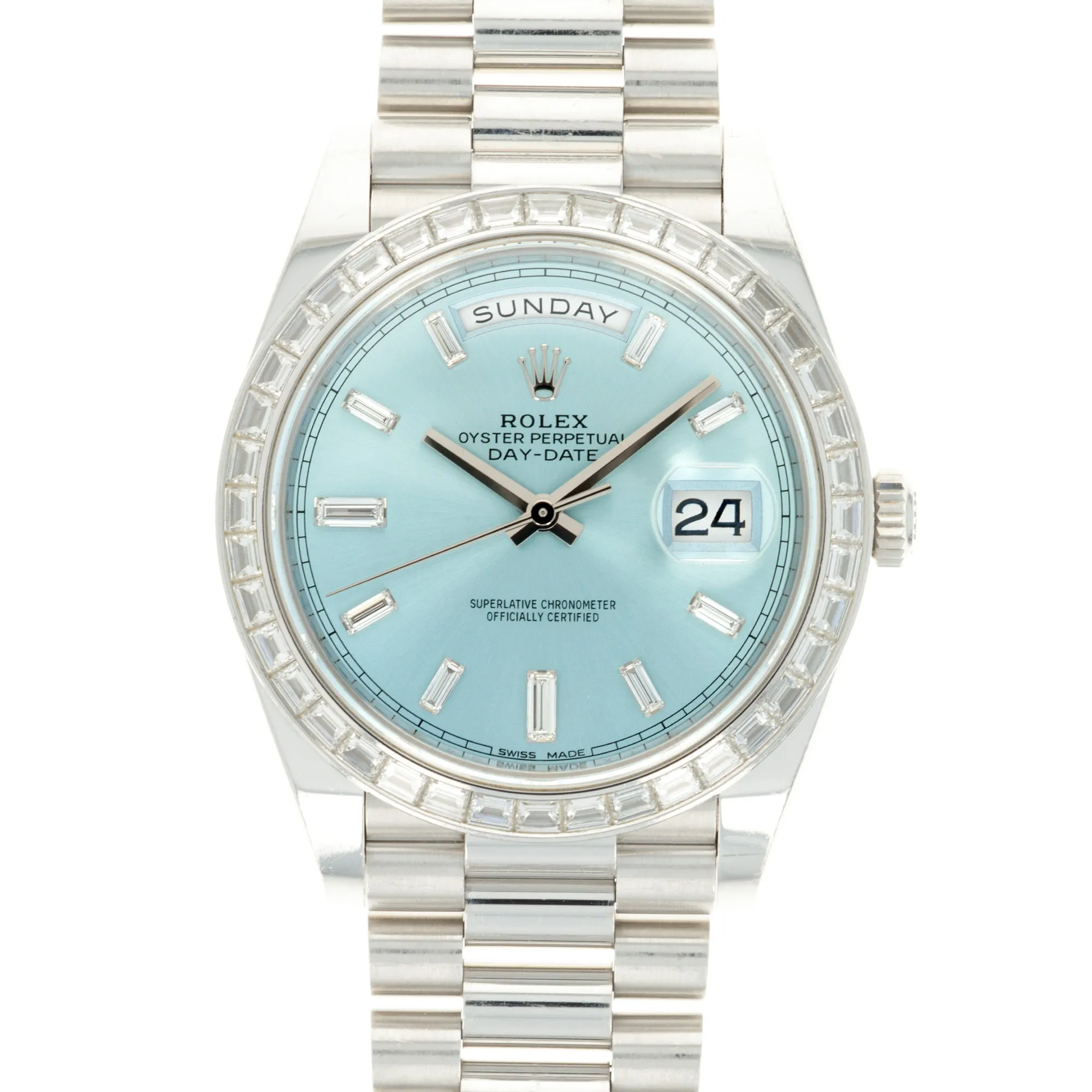 Rolex Platinum Ice-Blue Day-Date Ref. 228396 with Baguette Diamonds