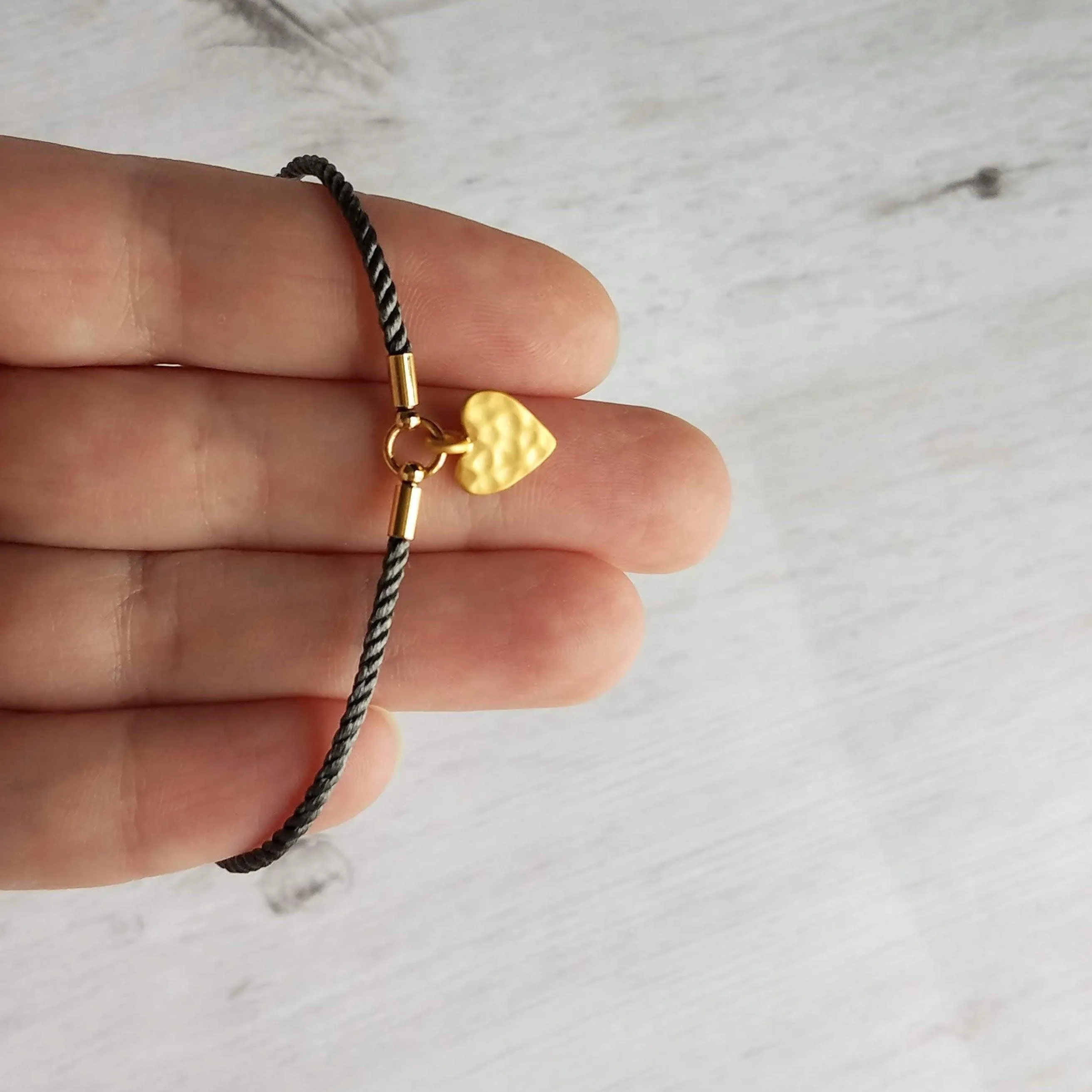 Rope Bracelet, matte gold heart charm, grey twisted cord, thin string, gold medallion, adjustable gray cord silky stacking layering bracelet