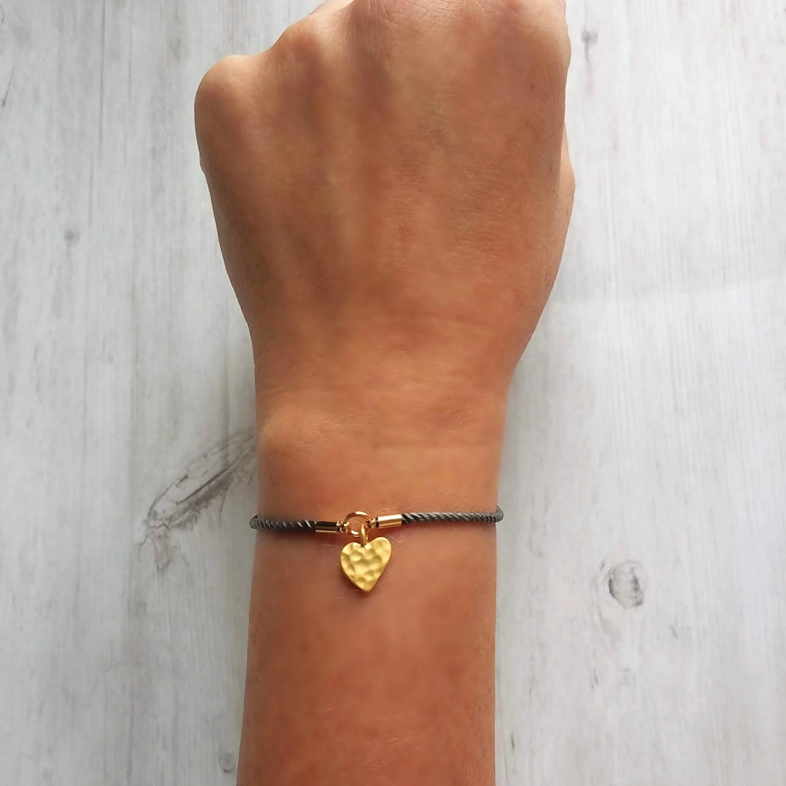 Rope Bracelet, matte gold heart charm, grey twisted cord, thin string, gold medallion, adjustable gray cord silky stacking layering bracelet