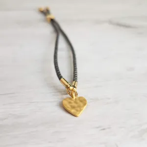 Rope Bracelet, matte gold heart charm, grey twisted cord, thin string, gold medallion, adjustable gray cord silky stacking layering bracelet