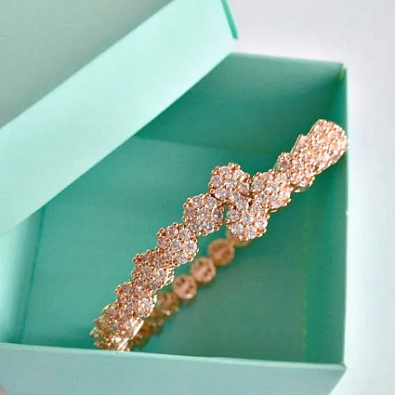 Rose Gold Cubic Zirconia Daisy Floral Bridal Bangle Bracelet, CZ Crystal Flower Garland Wedding Bracelet, Eternity Cuff Bangle Bracelet