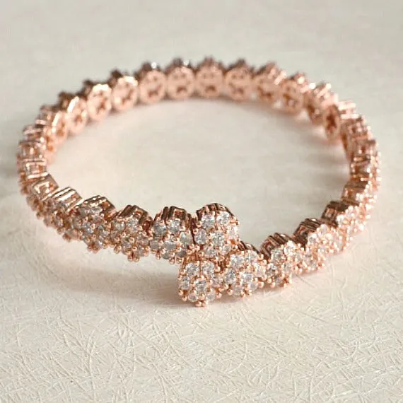Rose Gold Cubic Zirconia Daisy Floral Bridal Bangle Bracelet, CZ Crystal Flower Garland Wedding Bracelet, Eternity Cuff Bangle Bracelet