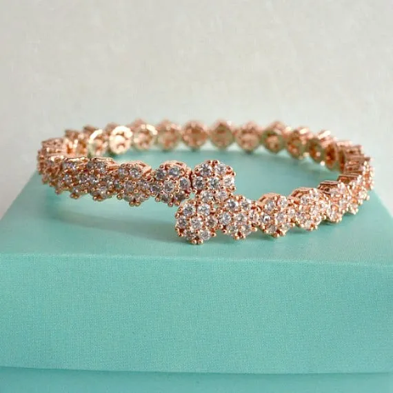 Rose Gold Cubic Zirconia Daisy Floral Bridal Bangle Bracelet, CZ Crystal Flower Garland Wedding Bracelet, Eternity Cuff Bangle Bracelet